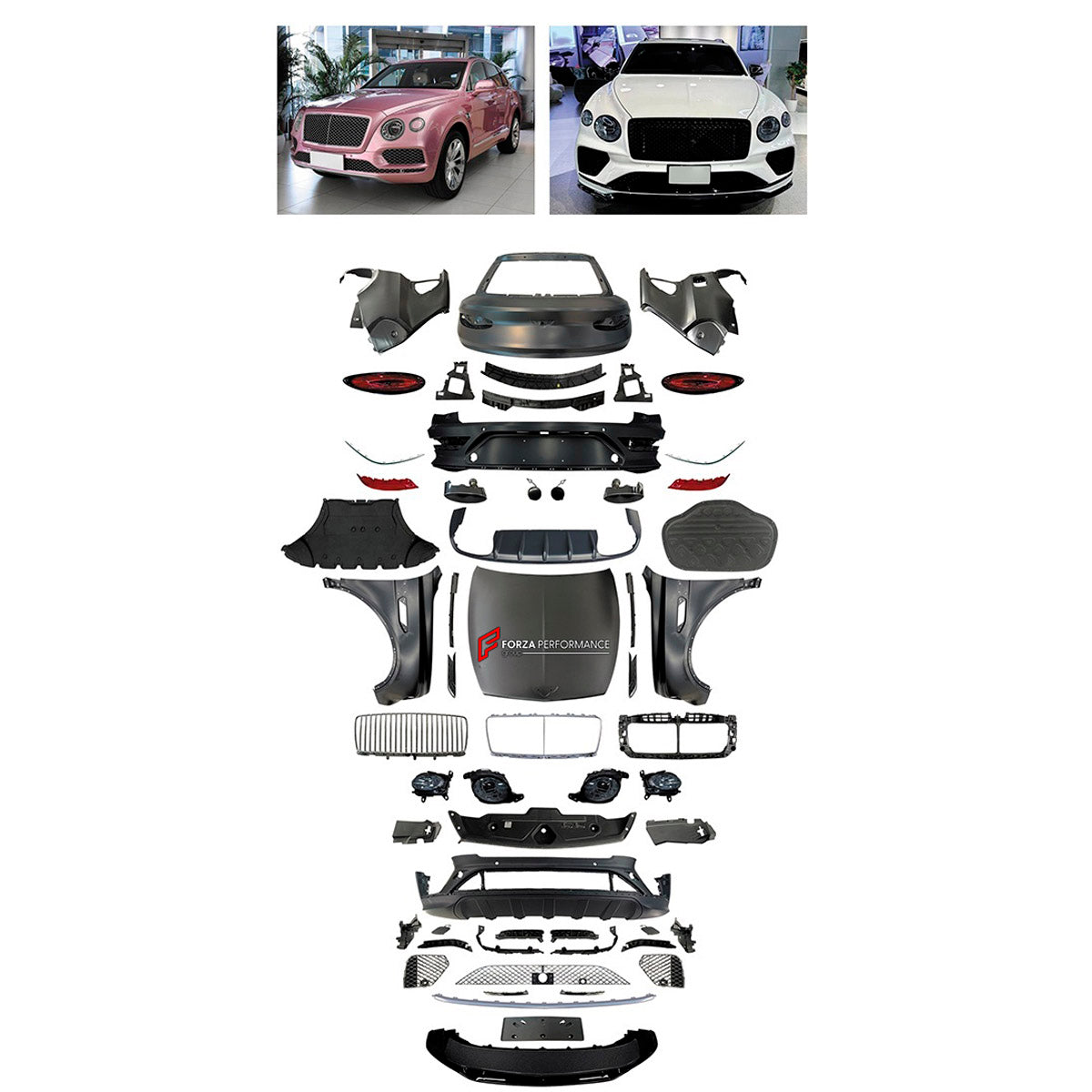 CONVERSION UPGRADE FACELIFT OLD TO NEW BODY KIT for Bentley Bentayga 2016 - 2020 to Bentayga 2024+
Set includes:

Front Lip
Front Bumper Assembly
Front Grille
License Plate
Hood Bonnet
Front Fenders
Rear Fenders
Roof Spoiler
Ducktail Spoiler
Rear Bumper Assembly
Rear Diffuser
Material: Plastic

NOTE: Professional installation is required.