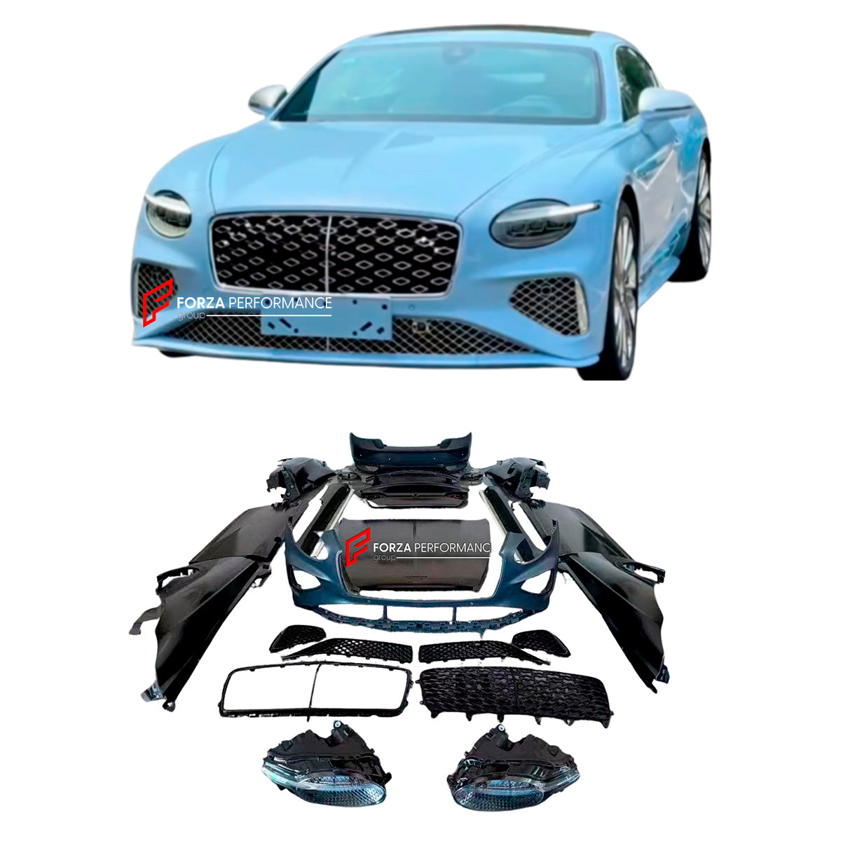CONVERSION BODY KIT for BENTLEY CONTINENTAL GT 2004 - 2011 upgrade to CONTINENTAL GT 2025+

Set includes:

Front Bumper
Headlights
Front Grille
Front Bumper Meshes
Front Fenders
Doors
Side Skirts
Rear Fenders
Trunk Lid
Rear Bumper
Tail Lights
Exhaust Tips

Note: Professional installation is required.
