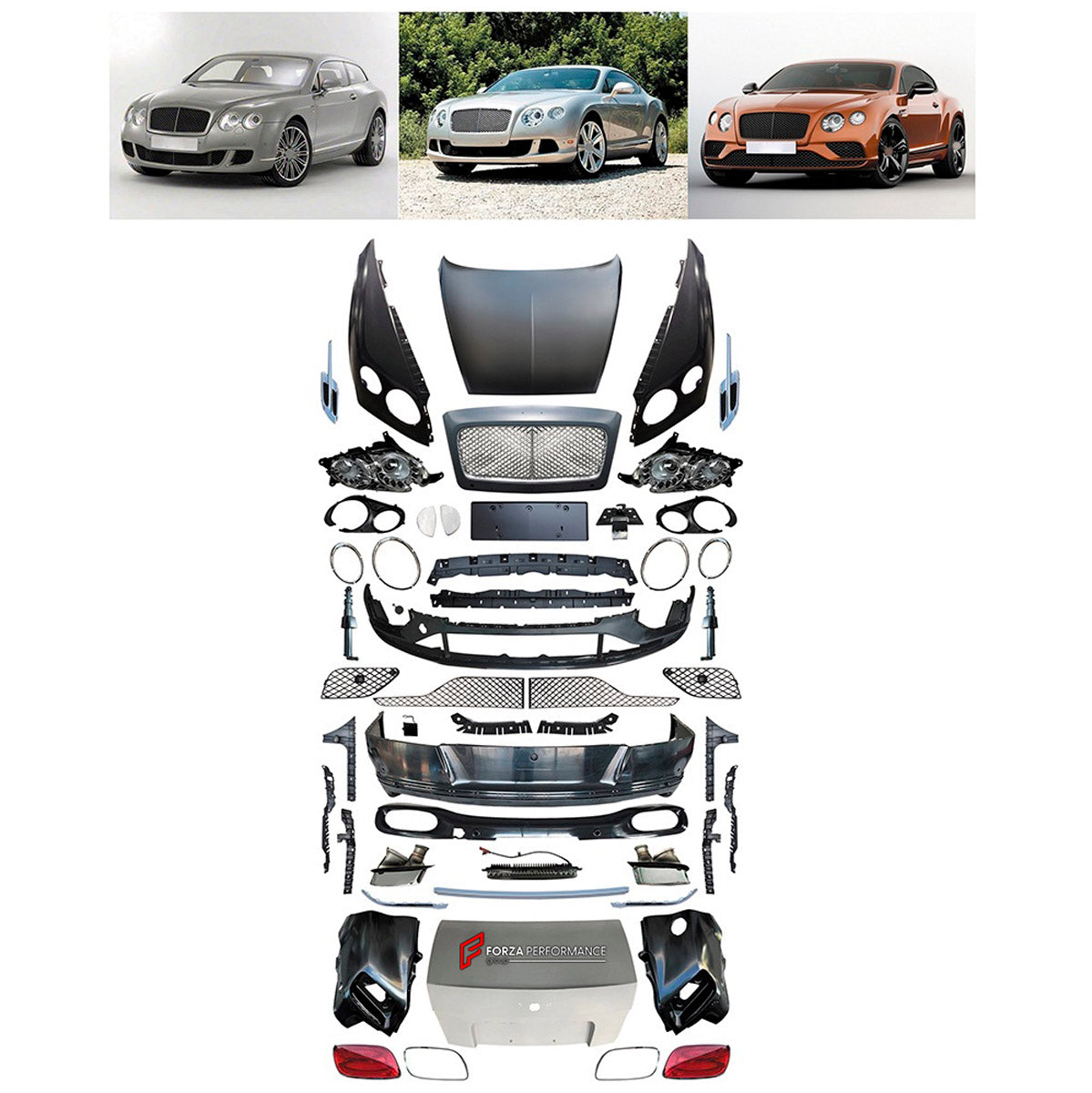 CONVERSION UPGRADE FACELIFT OLD TO NEW BODY KIT for Bentley Continental GT 2005 - 2012 to Continental GT 2019+
Set includes:

Front Bumper Assembly
Front Grille
License Plate
Hood Bonnet
Trunk Lid
Rear Bumper Assembly
Rear Diffuser
Exhaust Tips
Material: Plastic

NOTE: Professional installation is required.