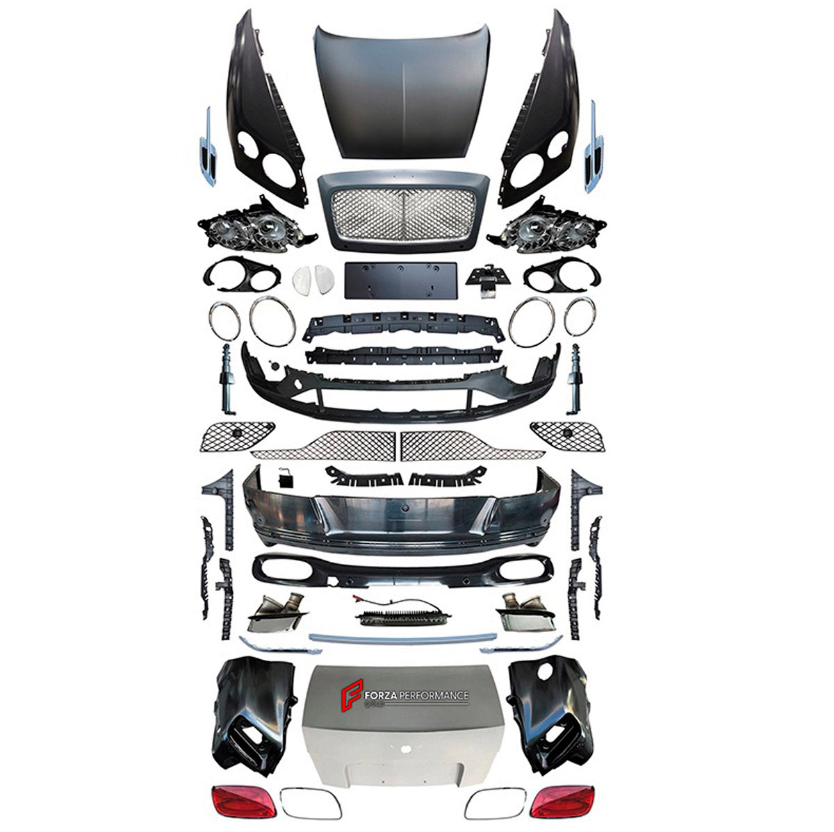 CONVERSION UPGRADE FACELIFT OLD TO NEW BODY KIT for Bentley Continental GT 2005 - 2012 to Continental GT 2019+
Set includes:

Front Bumper Assembly
Front Grille
License Plate
Hood Bonnet
Trunk Lid
Rear Bumper Assembly
Rear Diffuser
Exhaust Tips
Material: Plastic

NOTE: Professional installation is required.