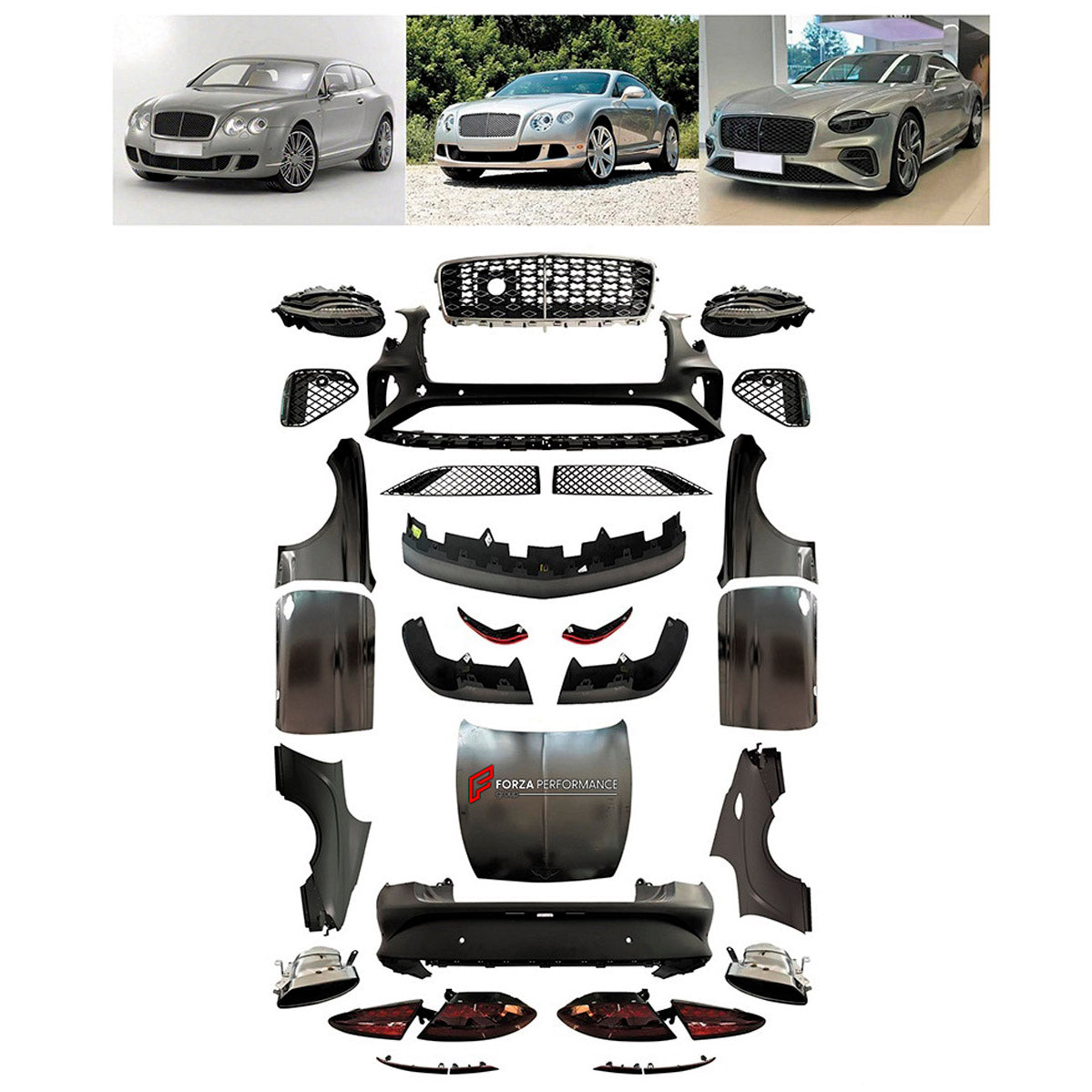 CONVERSION UPGRADE FACELIFT OLD TO NEW BODY KIT for Bentley Continental GT 2005 - 2012 to Continental GT 2025+
Set includes:

Front Lip
Front Bumper Assembly
Front Grille
Hood Bonnet
Front Fenders
Door Panels
Rear Fenders
Rear Bumper Assembly
Exhaust Tips
Material: Plastic

NOTE: Professional installation is required.