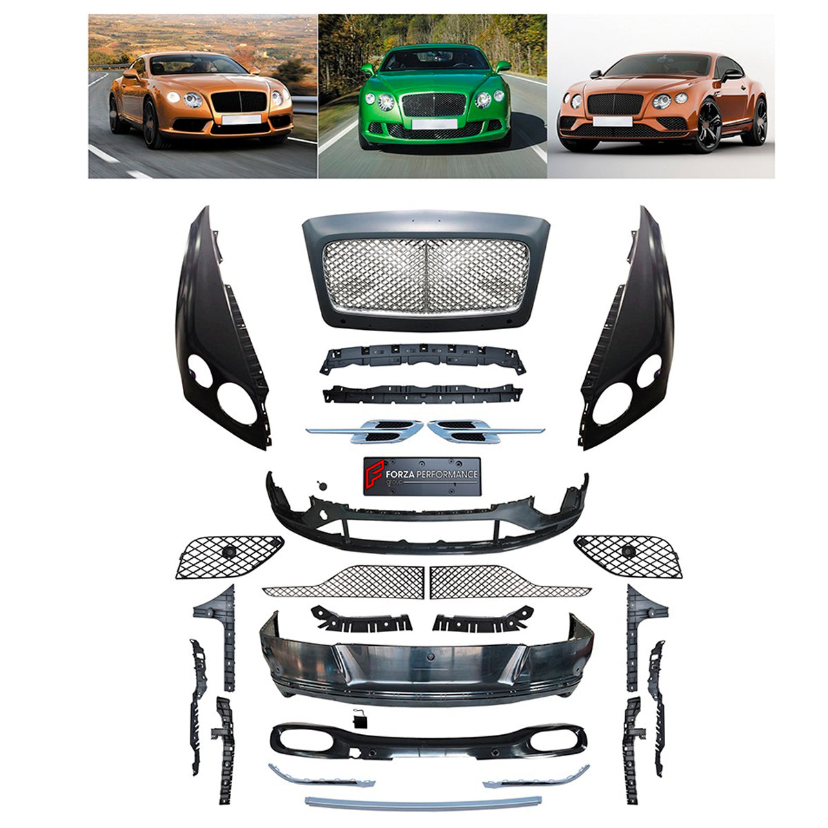 CONVERSION UPGRADE FACELIFT OLD TO NEW BODY KIT for Bentley Continental GT 2012 - 2015 to Continental GT 2016 - 2019
Set includes:

Front Bumper Assembly
Front Grille
License Plate
Rear Bumper Assembly
Rear Diffuser
Material: Plastic

NOTE: Professional installation is required.