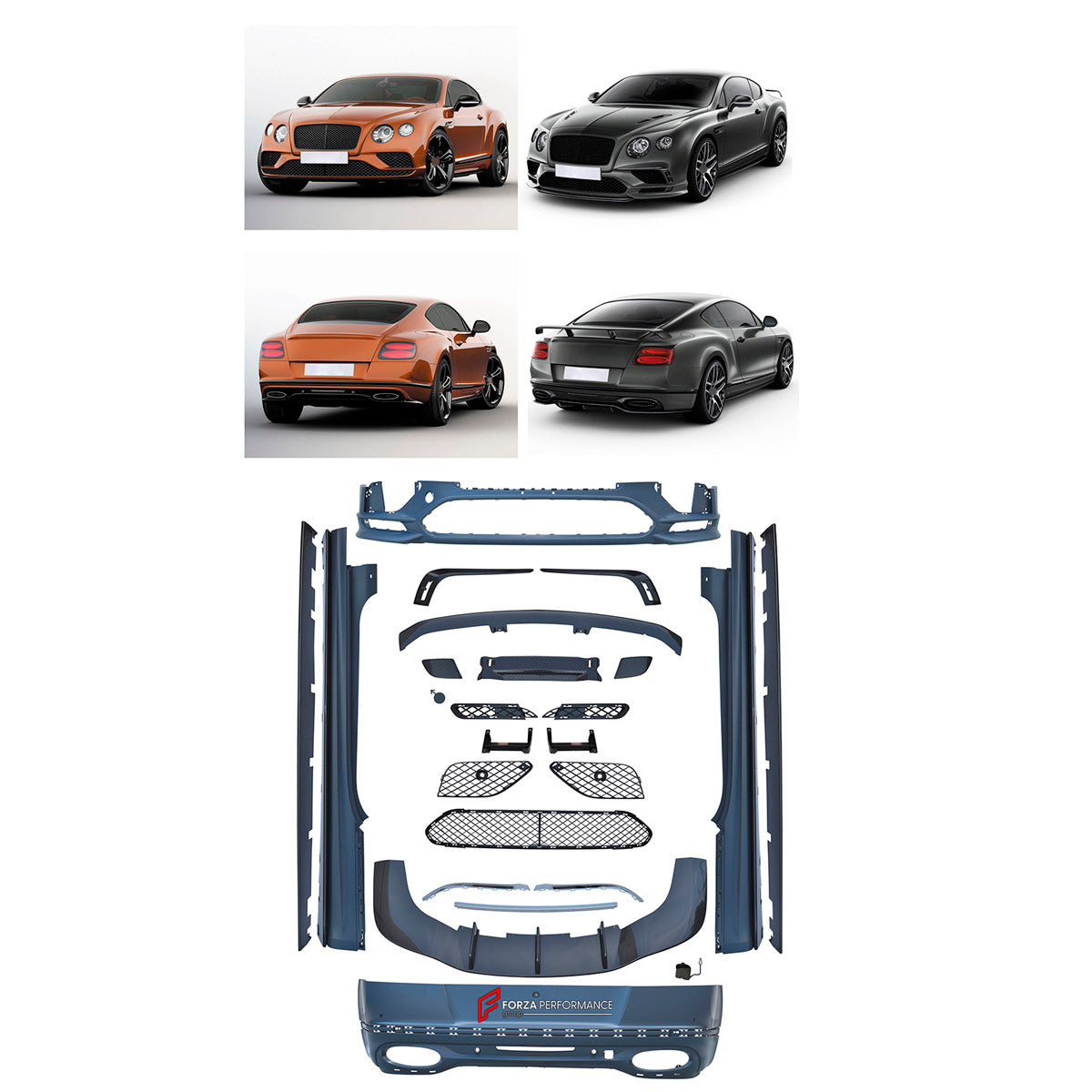 CONVERSION UPGRADE FACELIFT OLD TO NEW BODY KIT for Bentley Continental GT 2016 - 2019 to Continental GT Supersport 2016 - 2019
Set includes:

Front Lip
Front Bumper Assembly
Front Grille
Hood Bonnet
Side Skirts
Rear Spoiler Wing
Rear Bumper Assembly
Material: Plastic

NOTE: Professional installation is required.