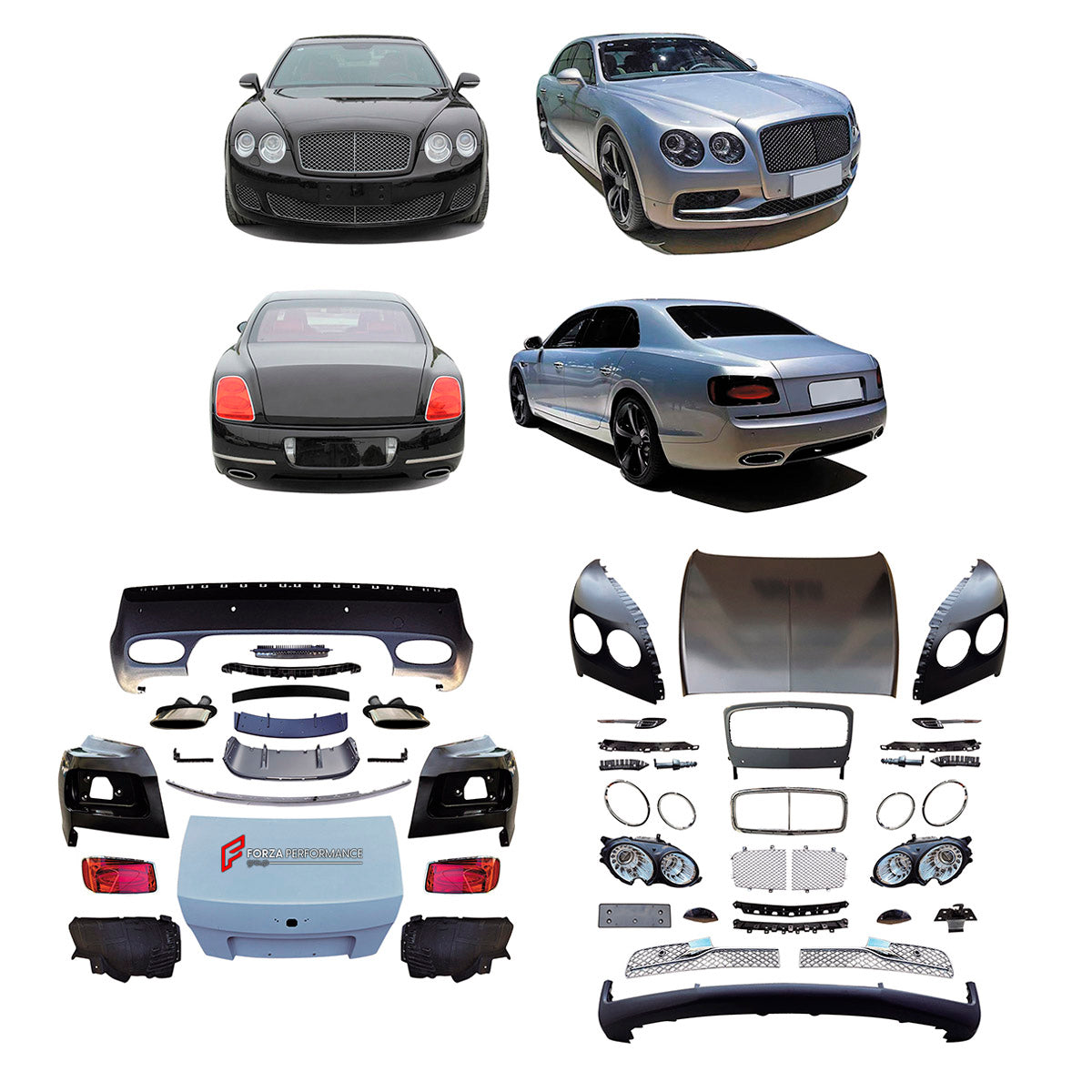 CONVERSION UPGRADE FACELIFT OLD TO NEW BODY KIT for Bentley Flying Spur 2005 - 2012 to Flying Spur 2013 - 2019
Set includes:

Front Lip
Front Bumper Assembly
Front Grille
Hood Bonnet
Ducktail Spoiler
Trunk Lid
Rear Bumper Assembly
Exhaust Tips
Material: Plastic

NOTE: Professional installation is required.