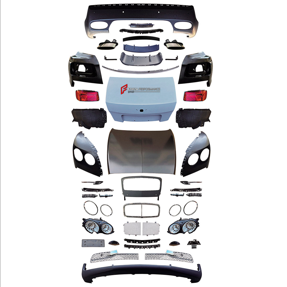 CONVERSION UPGRADE FACELIFT OLD TO NEW BODY KIT for Bentley Flying Spur 2005 - 2012 to Flying Spur 2013 - 2019
Set includes:

Front Lip
Front Bumper Assembly
Front Grille
Hood Bonnet
Ducktail Spoiler
Trunk Lid
Rear Bumper Assembly
Exhaust Tips
Material: Plastic

NOTE: Professional installation is required.