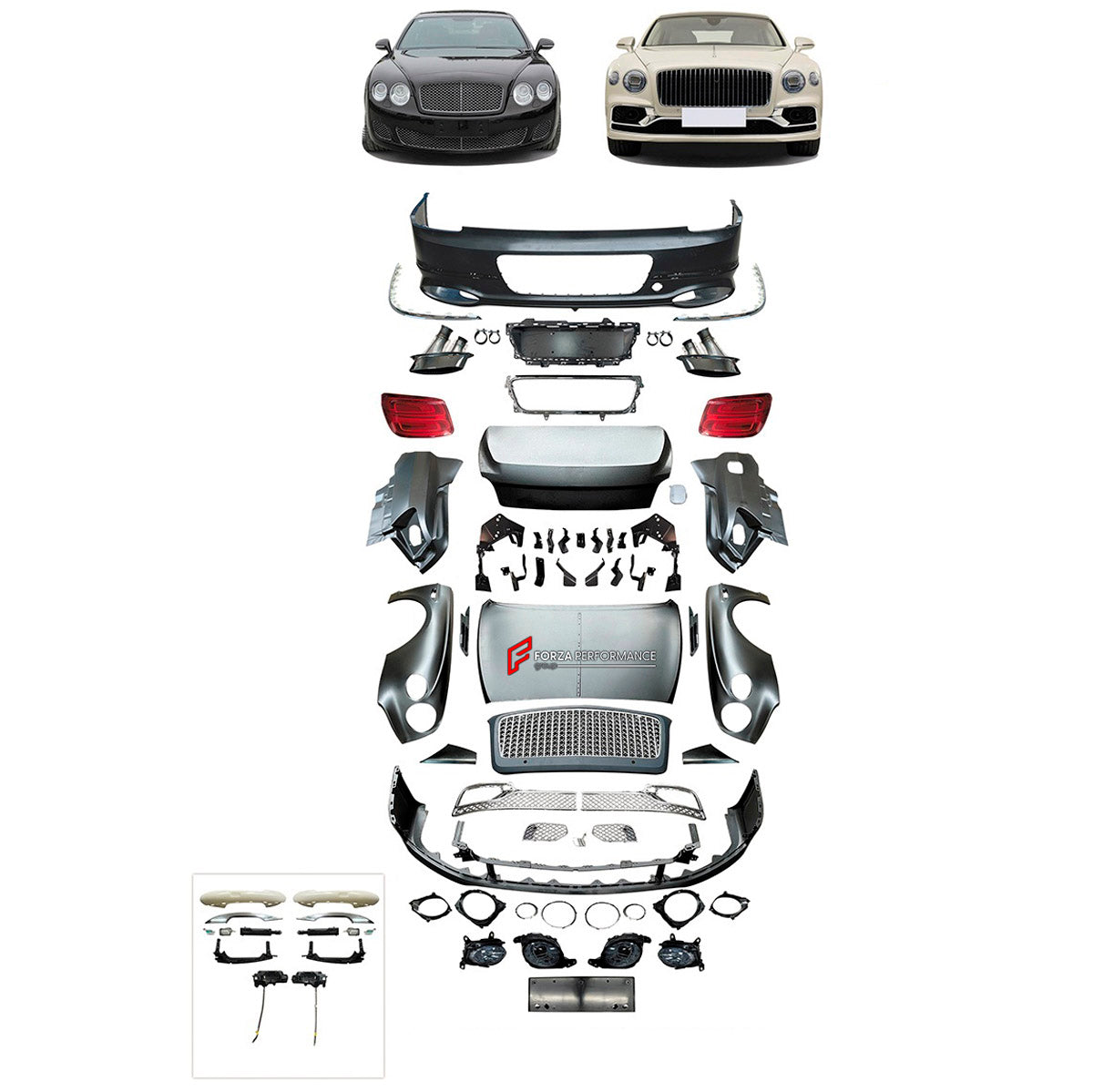 CONVERSION UPGRADE FACELIFT OLD TO NEW BODY KIT for Bentley Flying Spur 2005 - 2019 to Flying Spur 2020+
Set includes:

Front Lip
Front Bumper Assembly
Front Grille
License Plate
Hood Bonnet
Front Fenders
Rear Fenders
Trunk Lid
Rear Bumper Assembly
Exhaust Tips
Material: Plastic

NOTE: Professional installation is required.