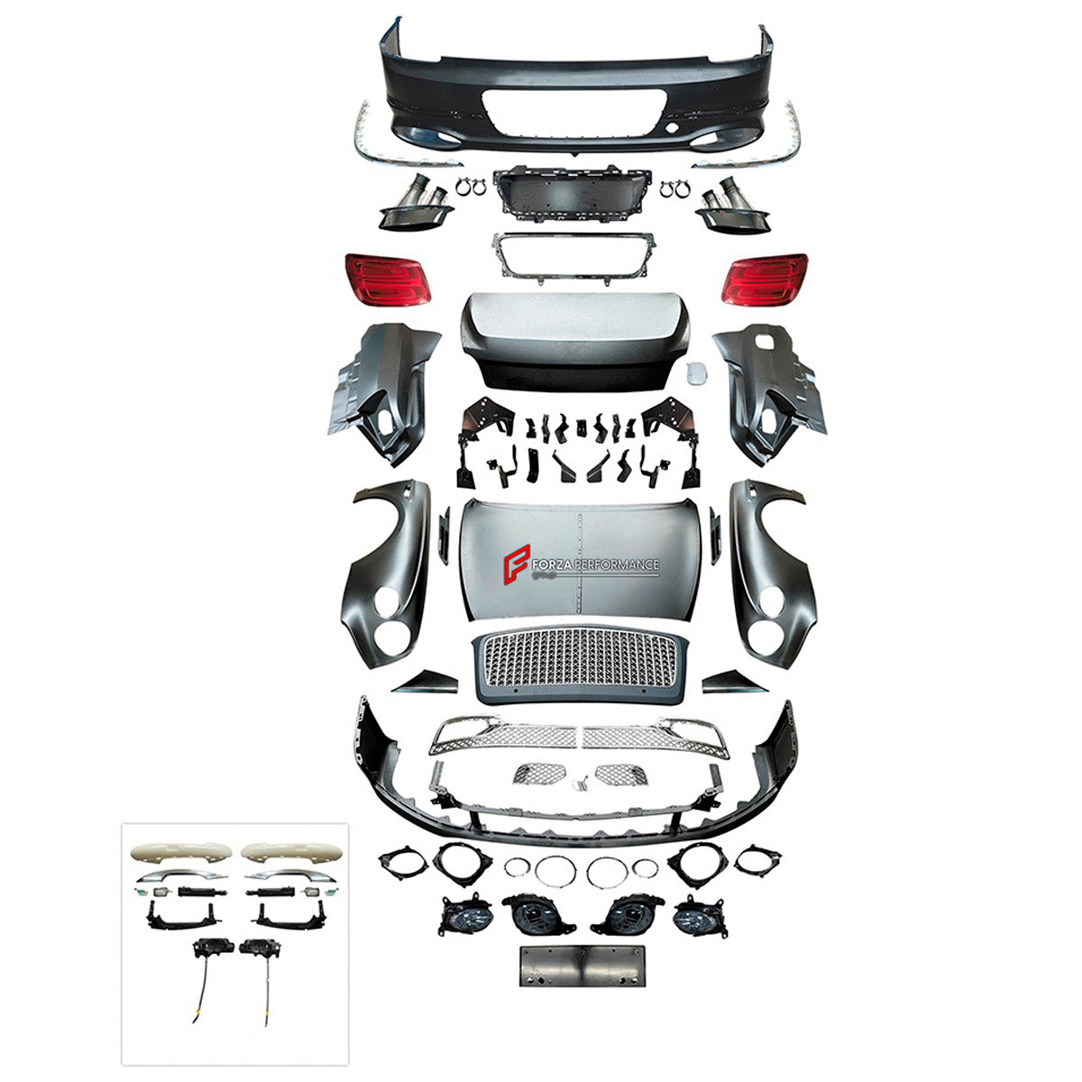 CONVERSION UPGRADE FACELIFT OLD TO NEW BODY KIT for Bentley Flying Spur 2005 - 2019 to Flying Spur 2020+
Set includes:

Front Lip
Front Bumper Assembly
Front Grille
License Plate
Hood Bonnet
Front Fenders
Rear Fenders
Trunk Lid
Rear Bumper Assembly
Exhaust Tips
Material: Plastic

NOTE: Professional installation is required.