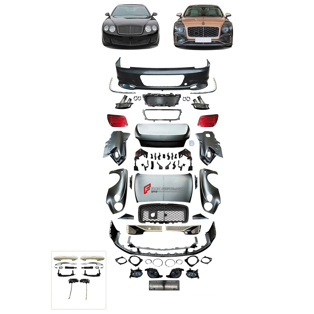 CONVERSION UPGRADE FACELIFT OLD TO NEW BODY KIT for Bentley Flying Spur 2005 - 2019 to Flying Spur 2025+
Set includes:

Front Lip
Front Bumper Assembly
Front Grille
License Plate
Hood Bonnet
Front Fenders
Rear Fenders
Trunk Lid
Rear Bumper Assembly
Exhaust Tips
Material: Plastic

NOTE: Professional installation is required.