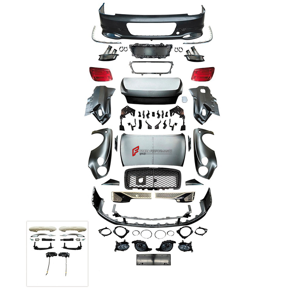 CONVERSION UPGRADE FACELIFT OLD TO NEW BODY KIT for Bentley Flying Spur 2005 - 2019 to Flying Spur 2025+
Set includes:

Front Lip
Front Bumper Assembly
Front Grille
License Plate
Hood Bonnet
Front Fenders
Rear Fenders
Trunk Lid
Rear Bumper Assembly
Exhaust Tips
Material: Plastic

NOTE: Professional installation is required.