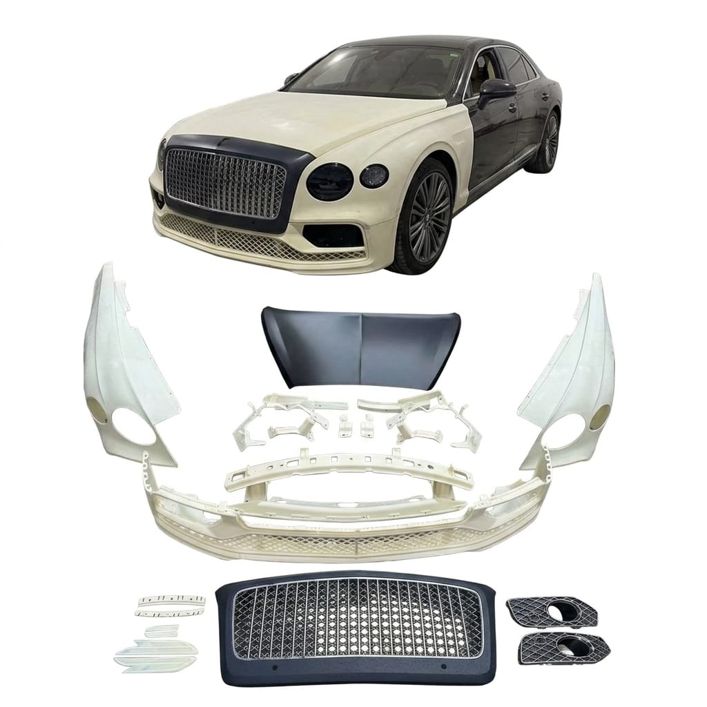 Conversion Body Kit for Bentley Flying Spur 2010 to 2020+  Set include:   Front lip Hood Center Grille Lower mesh Rear bumper Fenders Taillights Headlights Hood Material: Plastic 