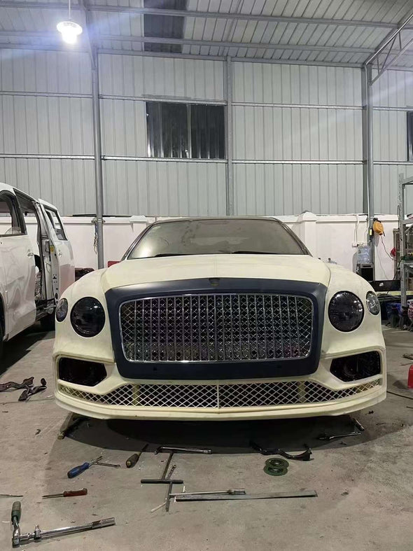 Conversion Body Kit for Bentley Flying Spur 2010 to 2020+  Set include:   Front lip Hood Center Grille Lower mesh Rear bumper Fenders Taillights Headlights Hood Material: Plastic 