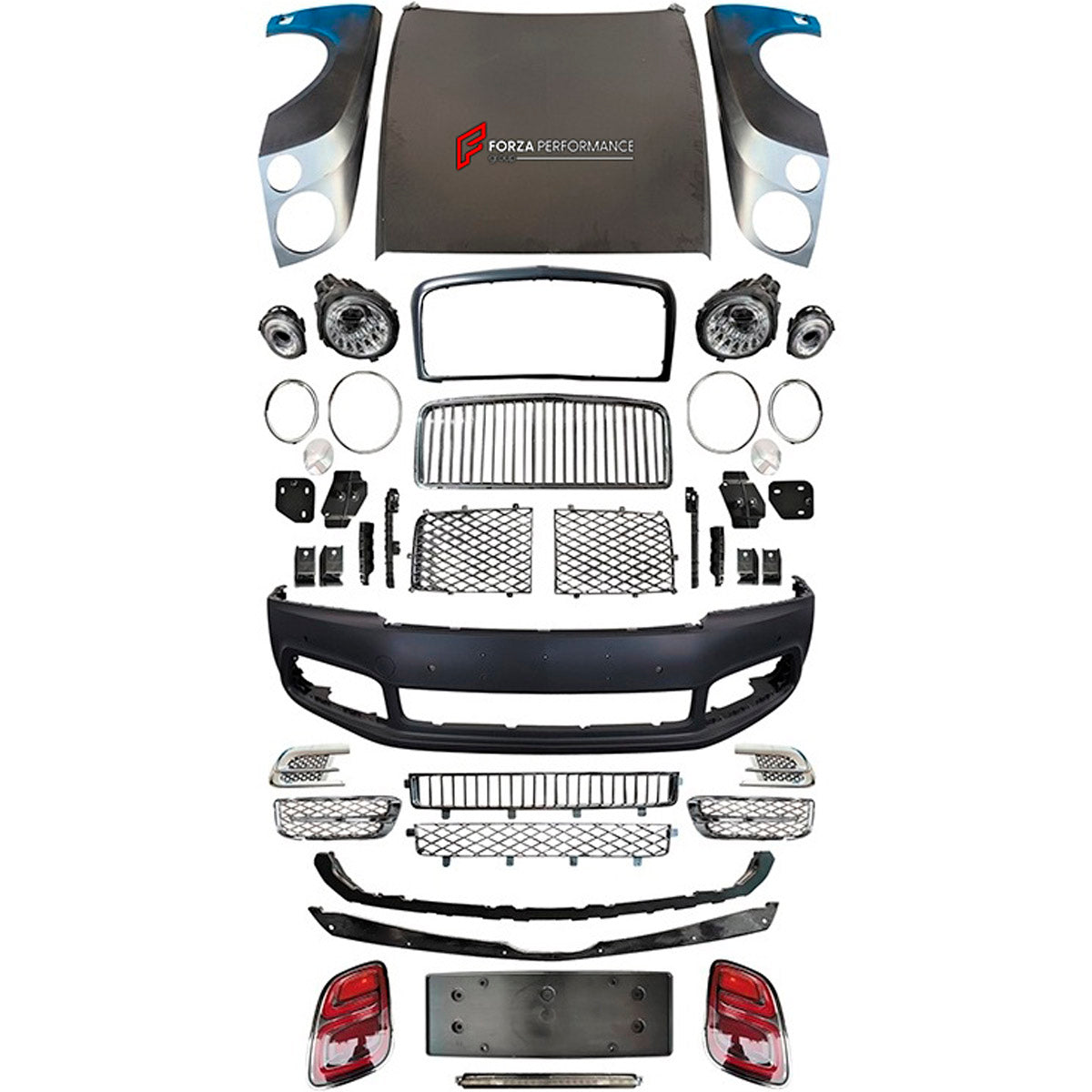 CONVERSION UPGRADE FACELIFT OLD TO NEW BODY KIT for Bentley Mulsanne 2009 - 2016 to Mulsanne 2017+
Set includes:

Front Lip
Front Bumper Assembly
Front Grille
License Plate
Fender Vents
Rear Bumper Headlight
Tail Lights
Material: Plastic

NOTE: Professional installation is required.