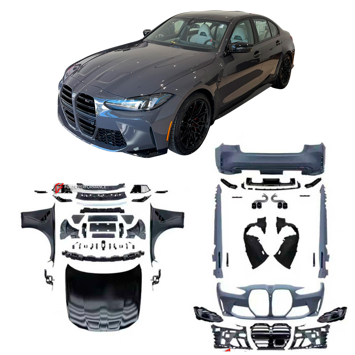 CONVERSION BODY KIT for BMW 3-SERIES G20 2024+ upgrade to M3 G80 LCI 2024+



Set includes:

Front Bumper Assembly
Front Grille
Headlights
Front Fenders
Hood / Bonnet
Side Skirts
Rear Bumper Assembly
Rear Diffuser
Exhaust Tips

Material: Plastic, Aluminium

NOTE: Professional installation is required.