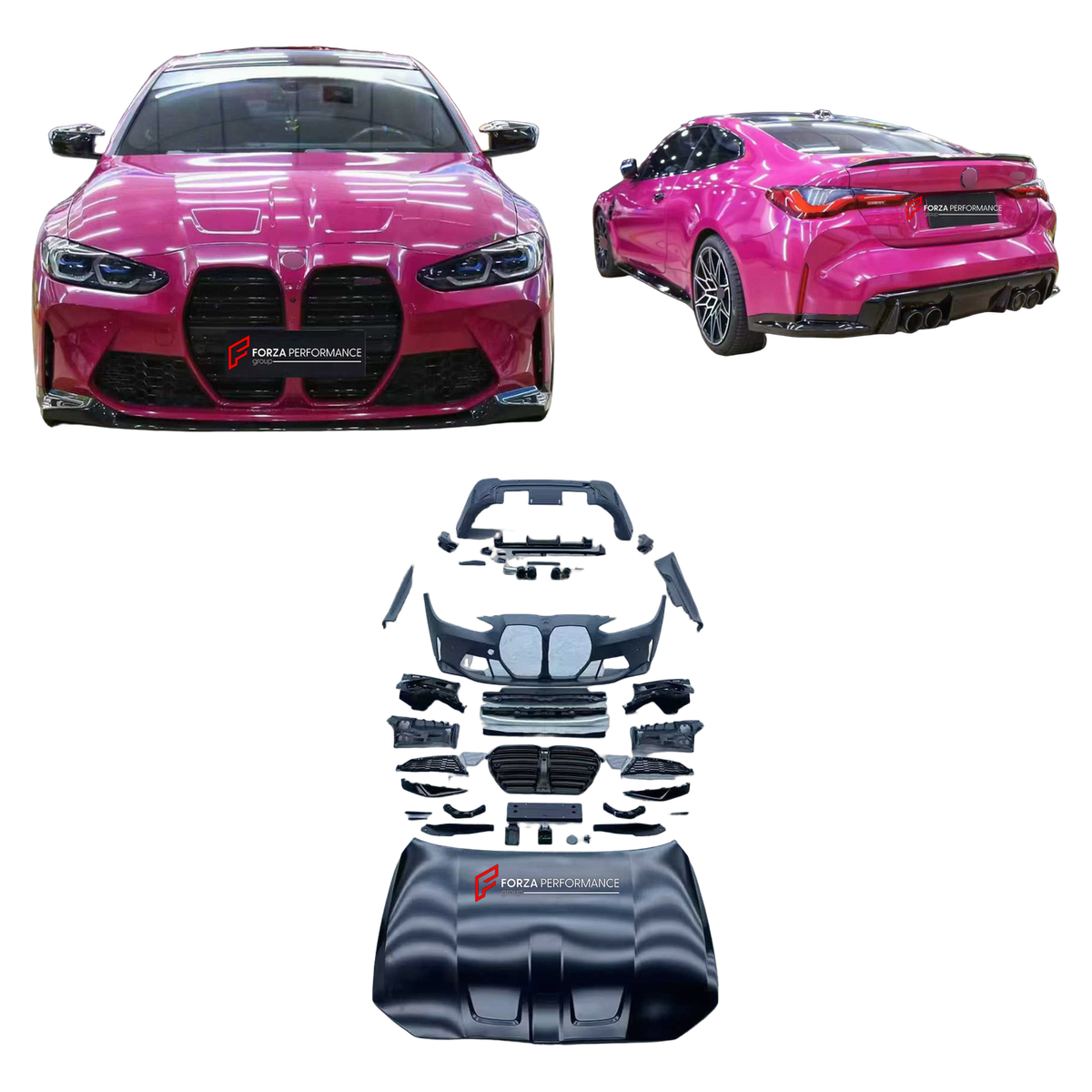 CONVERSION BODY KIT for BMW 4 SERIES G22 G23 2020 - 2024 UPGRADE to M4 G82 G83 2021 - 2024

Set includes:
Front Bumper Assembly
Front Grille
Hood Bonnet
Side Skirts
Rear Bumper Assembly
Exhaust Tips

Material: Plastic

NOTE: Professional installation is required.