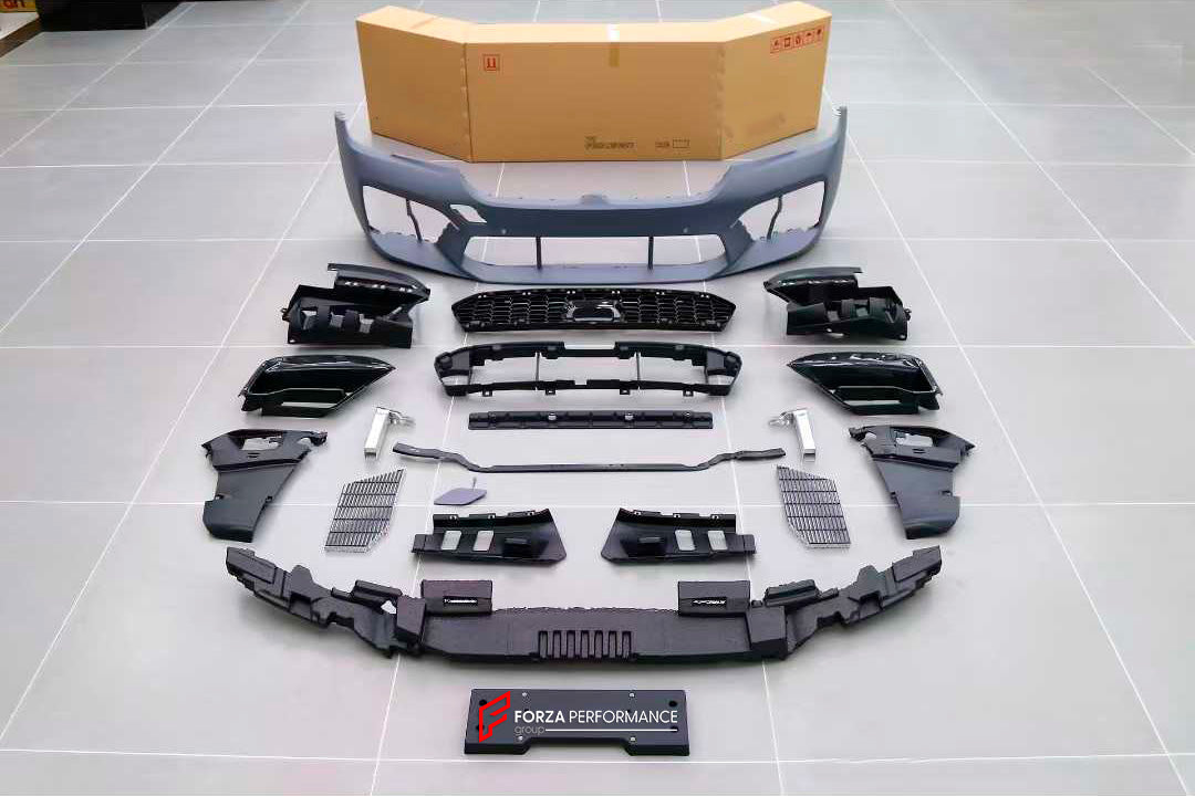CONVERSION FRONT BUMPER AND FENDERS KIT for BMW 5 SERIES G30 G38 2016 - 2020 to M5 F90 LCI 2020+ UPGRADE FACELIFT

Set includes:

Front Bumper Assembly
Side Fenders

Material: Plastic, Aluminium

Note: Professional installation is required.