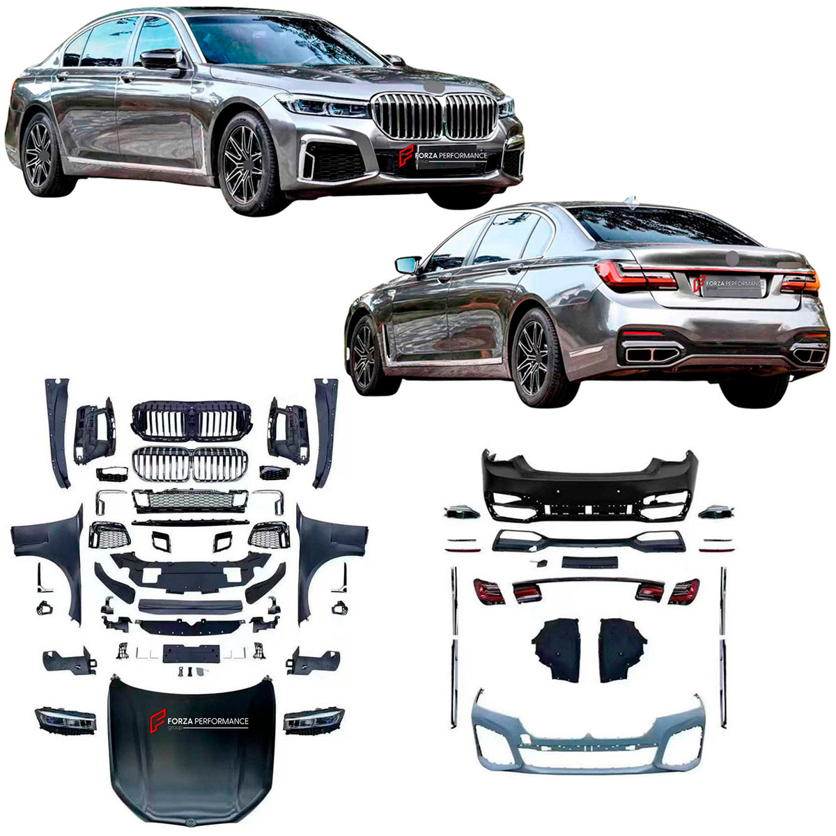 CONVERSION UPGRADE FACELIFT OLD TO NEW BODY KIT for BMW 7 Series F01 F02 2008 - 2015 to G11 G12 2015 - 2022
Set includes:

Front Lip
Front Bumper Assembly
Front Grille
License Plate
Hood Bonnet
Front Fenders
Body Side Door Moldings
Rear Diffuser
Rear Bumper Assembly
Exhaust Tips
Material: Plastic

NOTE: Professional installation is required.