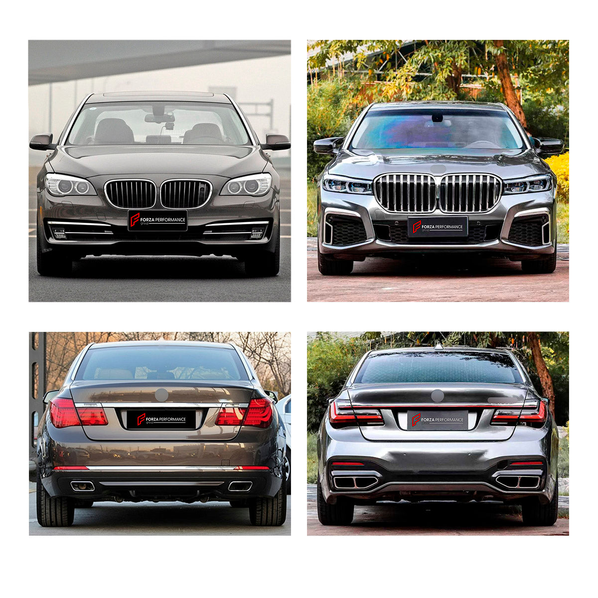 CONVERSION UPGRADE FACELIFT OLD TO NEW BODY KIT for BMW 7 Series F01 F02 2008 - 2015 to G11 G12 2015 - 2022
Set includes:

Front Lip
Front Bumper Assembly
Front Grille
License Plate
Hood Bonnet
Front Fenders
Body Side Door Moldings
Rear Diffuser
Rear Bumper Assembly
Exhaust Tips
Material: Plastic

NOTE: Professional installation is required.
