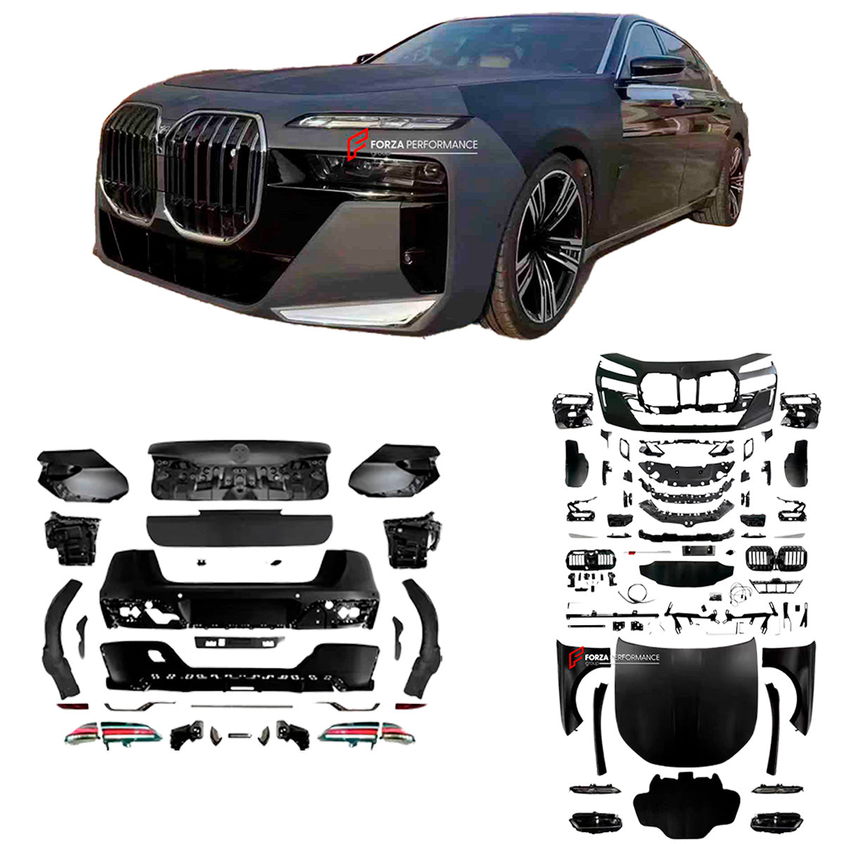 CONVERSION UPGRADE BODY KIT for BMW 7-SERIES F02 2008-2015 UPGRADE TO G70 2023

Set includes:

Front Bumper assembly
Front fenders
Hood/Bonnet
Rear fenders
Rear Bumper assembly
Rear tail lights
Rear Diffuser
Exhaust tips

Material: Plastic + Aluminum + Stainless steel

Note: Professional installation is required