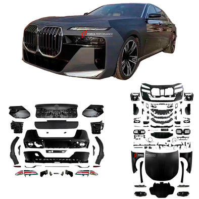 CONVERSION UPGRADE BODY KIT for BMW 7-SERIES F02 2008-2015 UPGRADE TO G70 2023

Set includes:

Front Bumper assembly
Front fenders
Hood/Bonnet
Rear fenders
Rear Bumper assembly
Rear tail lights
Rear Diffuser
Exhaust tips

Material: Plastic + Aluminum + Stainless steel

Note: Professional installation is required