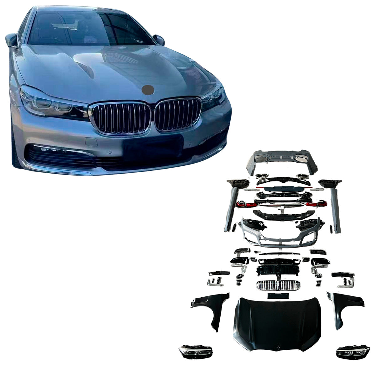 CONVERSION BODY KIT FOR BMW 7 SERIES G12 2016 - 2019 UPGRADE to BMW 7 SERIES G12 FACELIFT 2020 - 2022

Set includes:

Front Bumper Assembly

Hood / Bonnet
Front Fenders
Front Grille
Headlights
Side Skirts
Rear Bumper Assembly
Tail Lights
Rear Diffuser with Exhaust tips

Material: Fiberglass

Note: Professional installation is required. Headlights fit only if you have led headlights, not laser