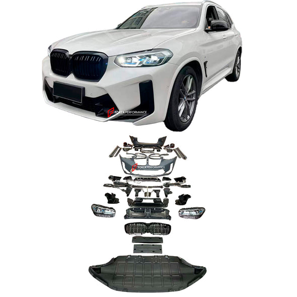 CONVERSION BODY KIT for BMW X3 G01 UPGRADE TO X3M F97
Set include:
Front bumper assembly
Front fender flares
Front Lights
Side skirts
Side skirts add-ons
Taillights
Rear bumper assembly
Rear fenders flares
Rear diffuser with exhaust tips
NOTE: Very professional installation is required