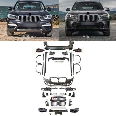 BMW X3 G01 LCI M-TECH STYLE CONVERSION BODY KIT for BMW X3 G01
Set include:
Front Bumper assembly
Front Grille
Front Lights
Side Skirts
Fender Flares 
Door Moldings
Rear Bumper assembly
Rear Diffuser
Tail Lights 
Material: Plastic PP
NOTE: Very professional installation is required