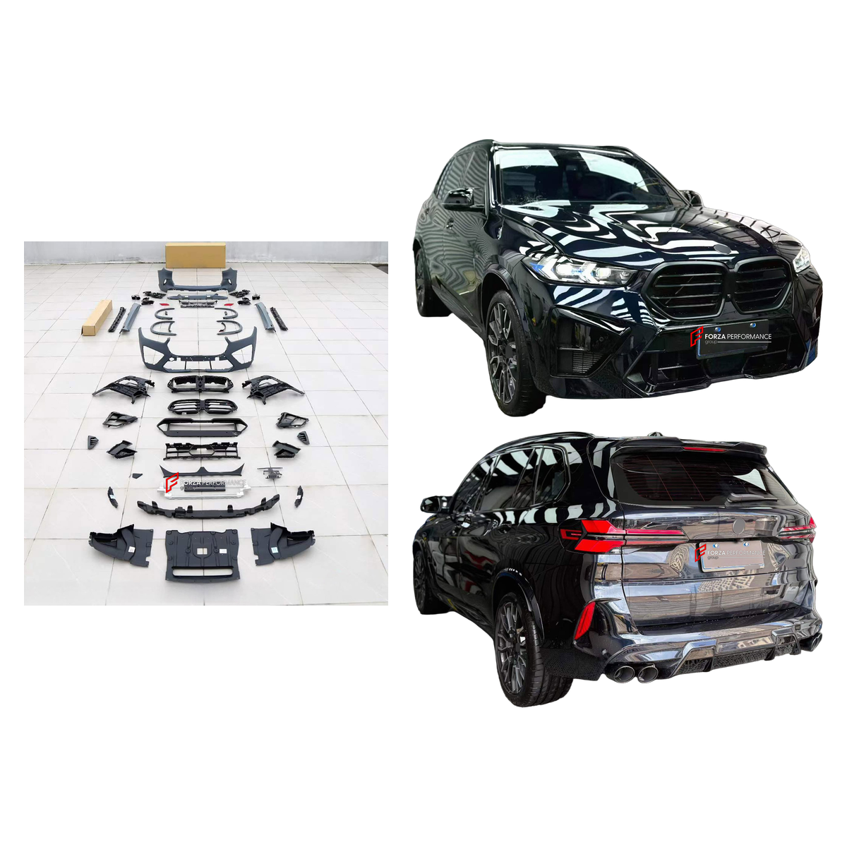 CONVERSION BODY KIT for BMW X5 G05 LCI 2023+ UPGRADE to X5M F95 LCI 2023+ FORZA PERFORMANCE custom fit AN Style

Set includes:
Front Bumper Assembly
Front Grille
Fender Flares
Side Skirts
Rear Bumper Assembly
Rear Diffuser
Exhaust Tips

Material: Plastic

NOTE: Professional installation is required.