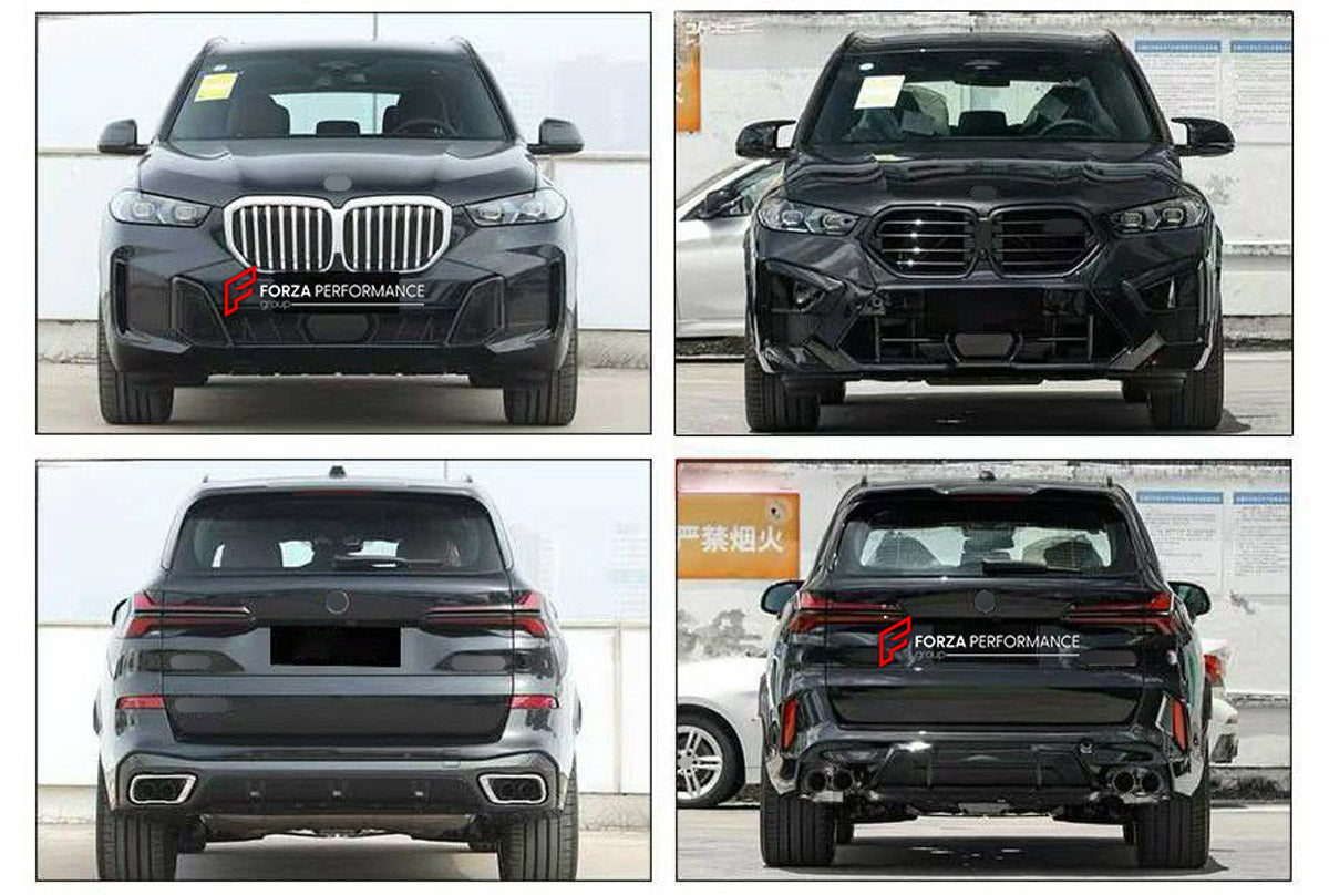 CONVERSION BODY KIT for BMW X5 G05 LCI 2023+ UPGRADE to X5M F95 LCI 2023+

Set includes:
Front Bumper Assembly
Front Grille
Fender Flares
Rear Bumper Assembly
Rear Diffuser
Exhaust Tips

Material: Plastic

NOTE: Professional installation is required.