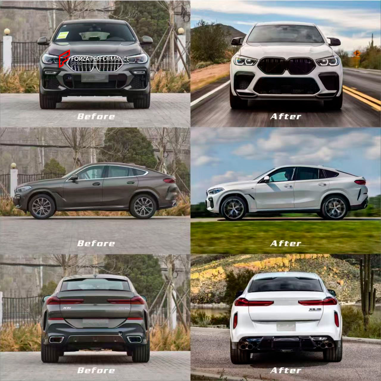 CONVERSION BODY KIT for BMW X6 G06 2019 - 2023 UPGRADE to BMW X6 M F96 2020 - 2023

Set includes:

Front Bumper Assembly
Fender Flares
Side Skirts

Rear Bumper
Rear Diffuser
Exhaust Tips

Each part of this kit can be sent separately. Please contact us if you need a specific part.

Material: Plasctic

NOTE: Professional installation is required