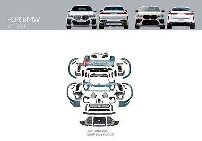 CONVERSION BODY KIT for BMW X6 G06 2019 - 2023 UPGRADE to BMW X6 M F96 2020 - 2023

Set includes:

Front Bumper
Fender Flares
Side Skirts

Rear Bumper
Rear Diffuser
Exhaust Tips

Each part of this kit can be sent separately. Please contact us if you need a specific part.

Material: Plasctic

NOTE:&nbsp;Professional installation is required

Payment ►
Visa

Mastercard

PayPal with a credit card (add 4.4% at checkout)
Payoneer
Cryptocurrency
Shipment ►
By express DHL/UPS/TNT/FedEx
To the local international a