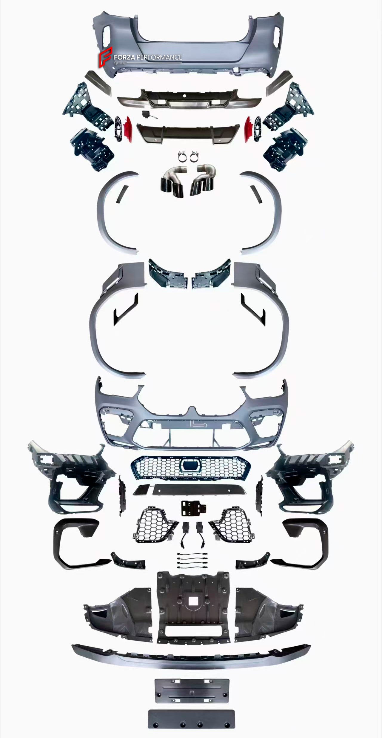 CONVERSION BODY KIT for BMW X6 G06 2019 - 2023 UPGRADE to BMW X6 M F96 2020 - 2023

Set includes:

Front Bumper Assembly
Fender Flares
Side Skirts

Rear Bumper
Rear Diffuser
Exhaust Tips

Each part of this kit can be sent separately. Please contact us if you need a specific part.

Material: Plasctic

NOTE: Professional installation is required
