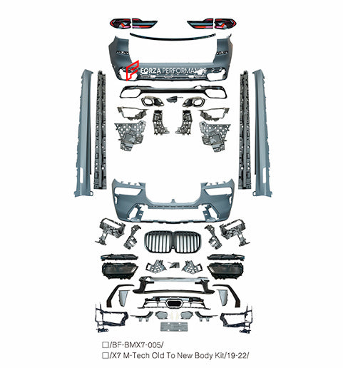 CONVERSION BODY KIT for BMW X7 G07 2018 - 2022 UPGRADE to X7 G07 LCI FACELIFT 2022+



&nbsp;X7 M-tech body kit includes:

Front Bumper
Front Grille
Side Skirts

Rear Bumper
Rear Diffuser

Material: Plastic

&nbsp;X7 M-tech old to new body kit includes:

Front Bumper
Front Grille
Headlights
Side Skirts

Rear Bumper
Tail Lights
Rear Diffuser

Material: Plastic

Note: Professional installation is required.

Each part can be sent separately. If you need a specific part, please contact us.

Please let us know w