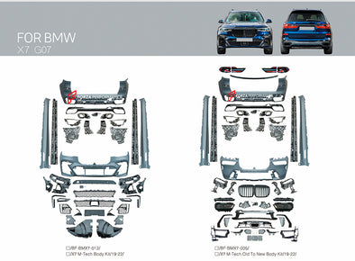 CONVERSION BODY KIT for BMW X7 G07 2018 - 2022 UPGRADE to X7 G07 LCI FACELIFT 2022+



&nbsp;X7 M-tech body kit includes:

Front Bumper
Front Grille
Side Skirts

Rear Bumper
Rear Diffuser

Material: Plastic

&nbsp;X7 M-tech old to new body kit includes:

Front Bumper
Front Grille
Headlights
Side Skirts

Rear Bumper
Tail Lights
Rear Diffuser

Material: Plastic

Note: Professional installation is required.

Each part can be sent separately. If you need a specific part, please contact us.

Please let us know w