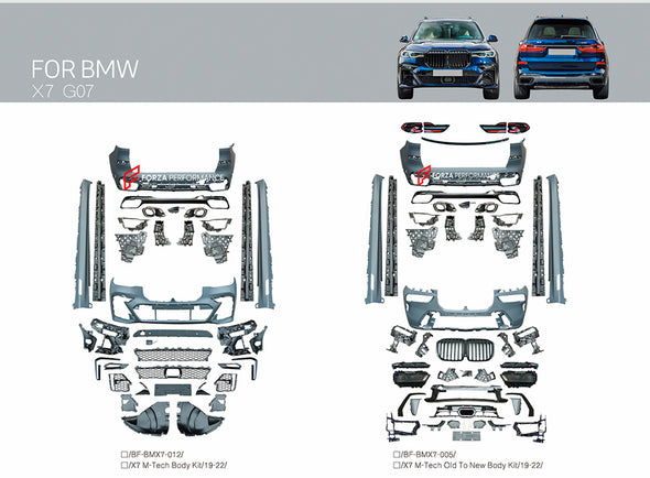 CONVERSION BODY KIT for BMW X7 G07 2018 - 2022 UPGRADE to X7 G07 LCI FACELIFT 2022+



&nbsp;X7 M-tech body kit includes:

Front Bumper
Front Grille
Side Skirts

Rear Bumper
Rear Diffuser

Material: Plastic

&nbsp;X7 M-tech old to new body kit includes:

Front Bumper
Front Grille
Headlights
Side Skirts

Rear Bumper
Tail Lights
Rear Diffuser

Material: Plastic

Note: Professional installation is required.

Each part can be sent separately. If you need a specific part, please contact us.

Please let us know w