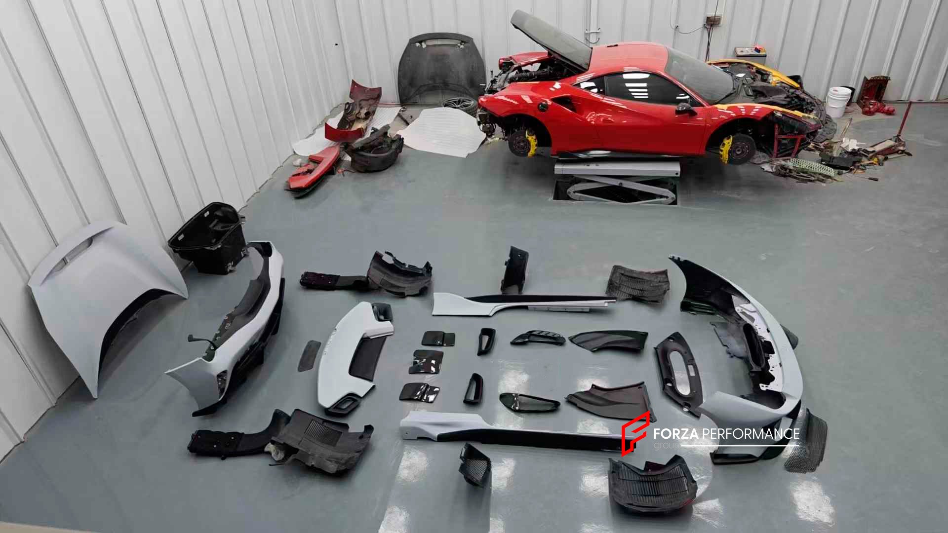 CONVERSION BODY KIT FOR FERRARI 488 2015+ upgrade to PISTA.

Set includes:

Front bumper
Carbon front lip
Carbon hood/bonnet
Carbon side skirts add-ons
Rear bumper
Carbon rear diffuser
Rear decklid spoiler

Material: Plastic

Note: Professional installation is required