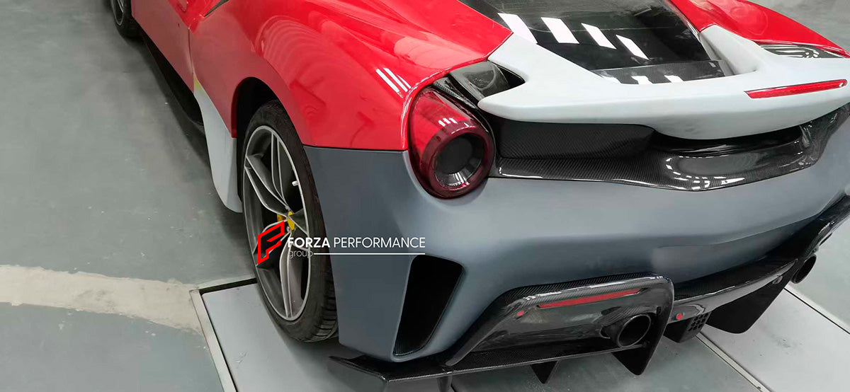 CONVERSION BODY KIT FOR FERRARI 488 2015 - 2020 upgrade to PISTA

Set includes:

Front Lip
Front Bumper Mesh
Front Bumper Trims
Front Bumper with Air Vent
Front Lid with Air Vent
Central Cosmetic Cover
Cosmetic Trims
Luggage
Front Wheelhouse
Side Skirts
Air Intake Flaps Vents Cover
Gas Cap
Rear Spoiler
Rear Bumper
Rear Diffuser

Material: Plastic with Carbon

Note: Professional installation is required