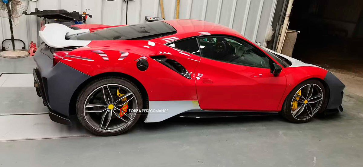 CONVERSION BODY KIT FOR FERRARI 488 2015 - 2020 upgrade to PISTA

Set includes:

Front Lip
Front Bumper Mesh
Front Bumper Trims
Front Bumper with Air Vent
Front Lid with Air Vent
Central Cosmetic Cover
Cosmetic Trims
Luggage
Front Wheelhouse
Side Skirts
Air Intake Flaps Vents Cover
Gas Cap
Rear Spoiler
Rear Bumper
Rear Diffuser

Material: Plastic with Carbon

Note: Professional installation is required