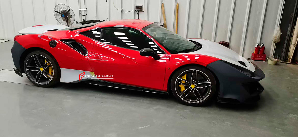 CONVERSION BODY KIT FOR FERRARI 488 2015 - 2020 upgrade to PISTA

Set includes:

Front Lip
Front Bumper Mesh
Front Bumper Trims
Front Bumper with Air Vent
Front Lid with Air Vent
Central Cosmetic Cover
Cosmetic Trims
Luggage
Front Wheelhouse
Side Skirts
Air Intake Flaps Vents Cover
Gas Cap
Rear Spoiler
Rear Bumper
Rear Diffuser

Material: Plastic with Carbon

Note: Professional installation is required