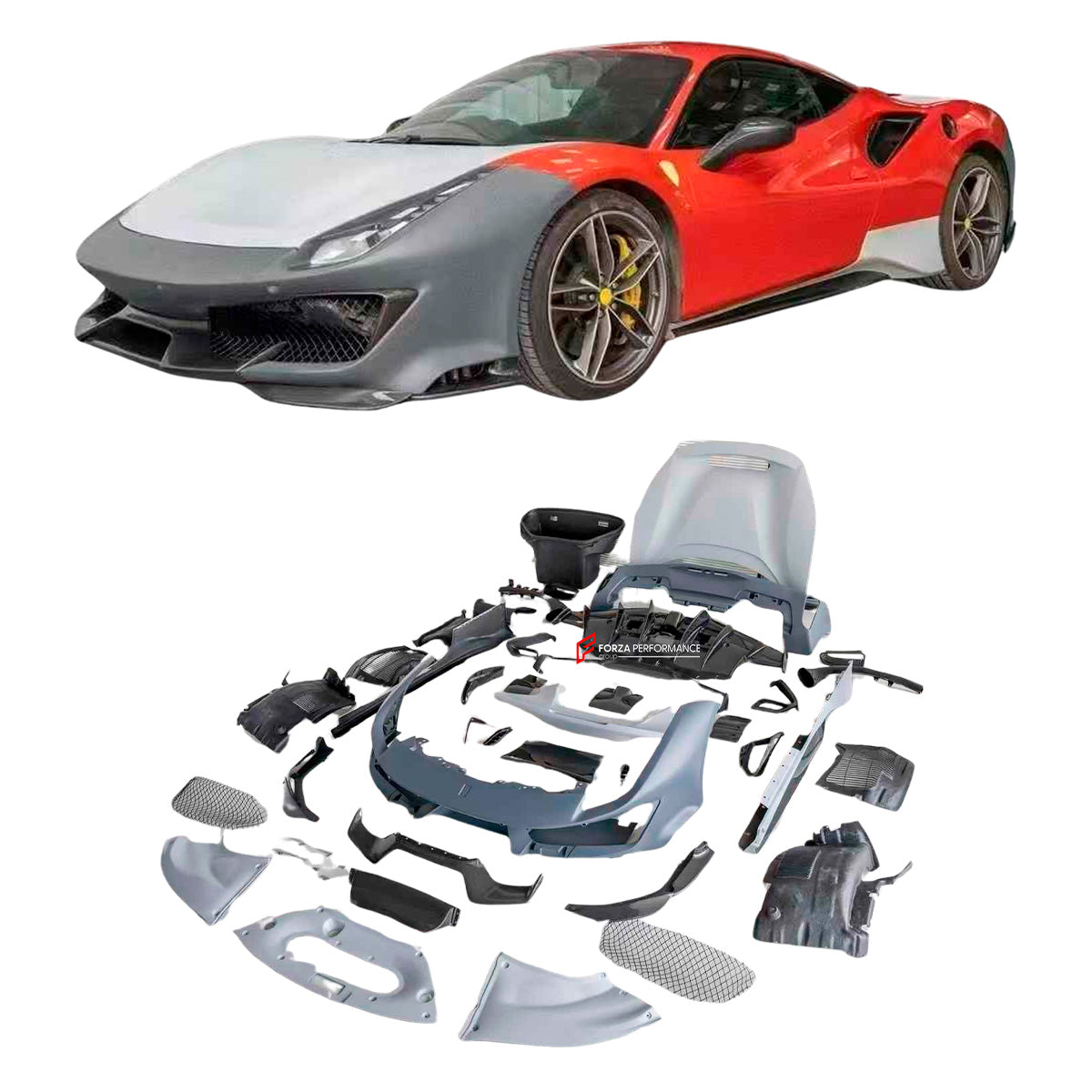 CONVERSION BODY KIT FOR FERRARI 488 2015 - 2020 upgrade to PISTA

Set includes:

Front Lip
Front Bumper Mesh
Front Bumper Trims
Front Bumper with Air Vent
Front Lid with Air Vent
Central Cosmetic Cover
Cosmetic Trims
Luggage
Front Wheelhouse
Side Skirts
Air Intake Flaps Vents Cover
Gas Cap
Rear Spoiler
Rear Bumper
Rear Diffuser

Material: Plastic with Carbon

Note: Professional installation is required