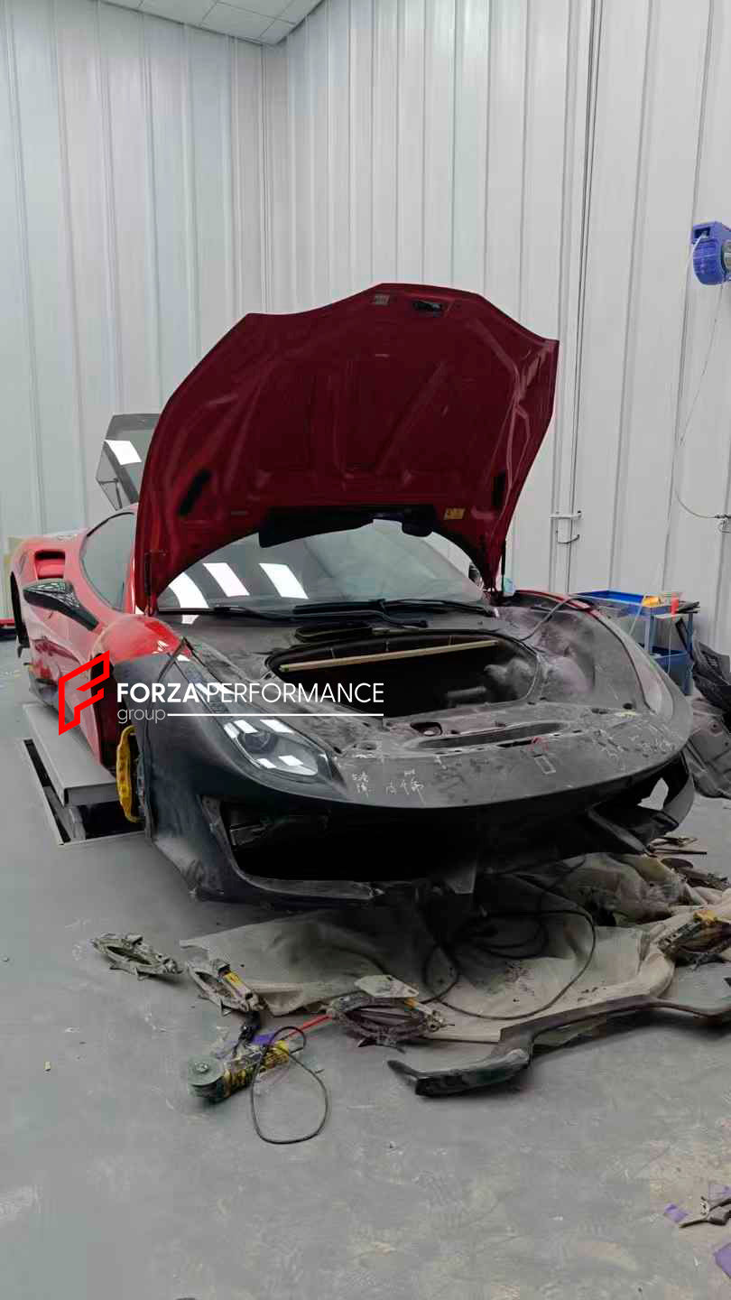 CONVERSION BODY KIT FOR FERRARI 488 2015+ upgrade to PISTA.

Set includes:

Front bumper
Carbon front lip
Carbon hood/bonnet
Carbon side skirts add-ons
Rear bumper
Carbon rear diffuser
Rear decklid spoiler

Material: Plastic

Note: Professional installation is required