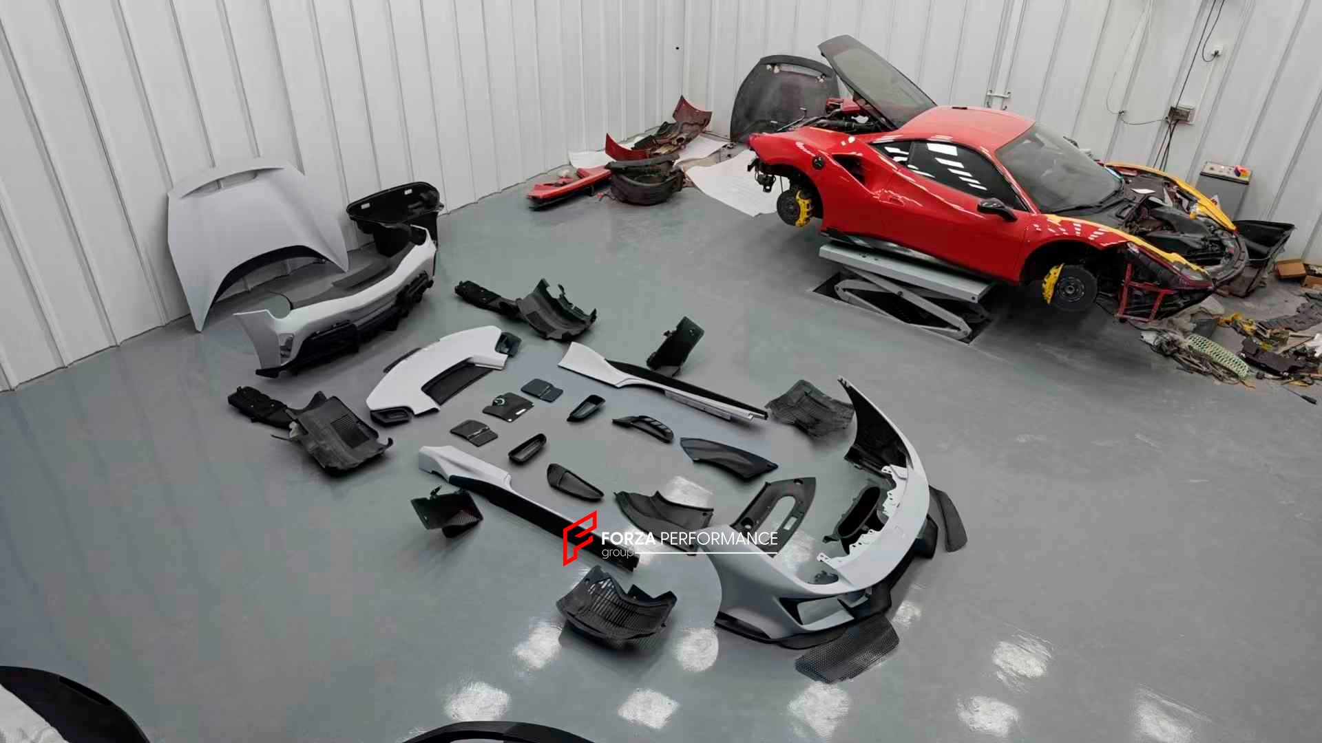 CONVERSION BODY KIT FOR FERRARI 488 2015+ upgrade to PISTA.

Set includes:

Front bumper
Carbon front lip
Carbon hood/bonnet
Carbon side skirts add-ons
Rear bumper
Carbon rear diffuser
Rear decklid spoiler

Material: Plastic

Note: Professional installation is required