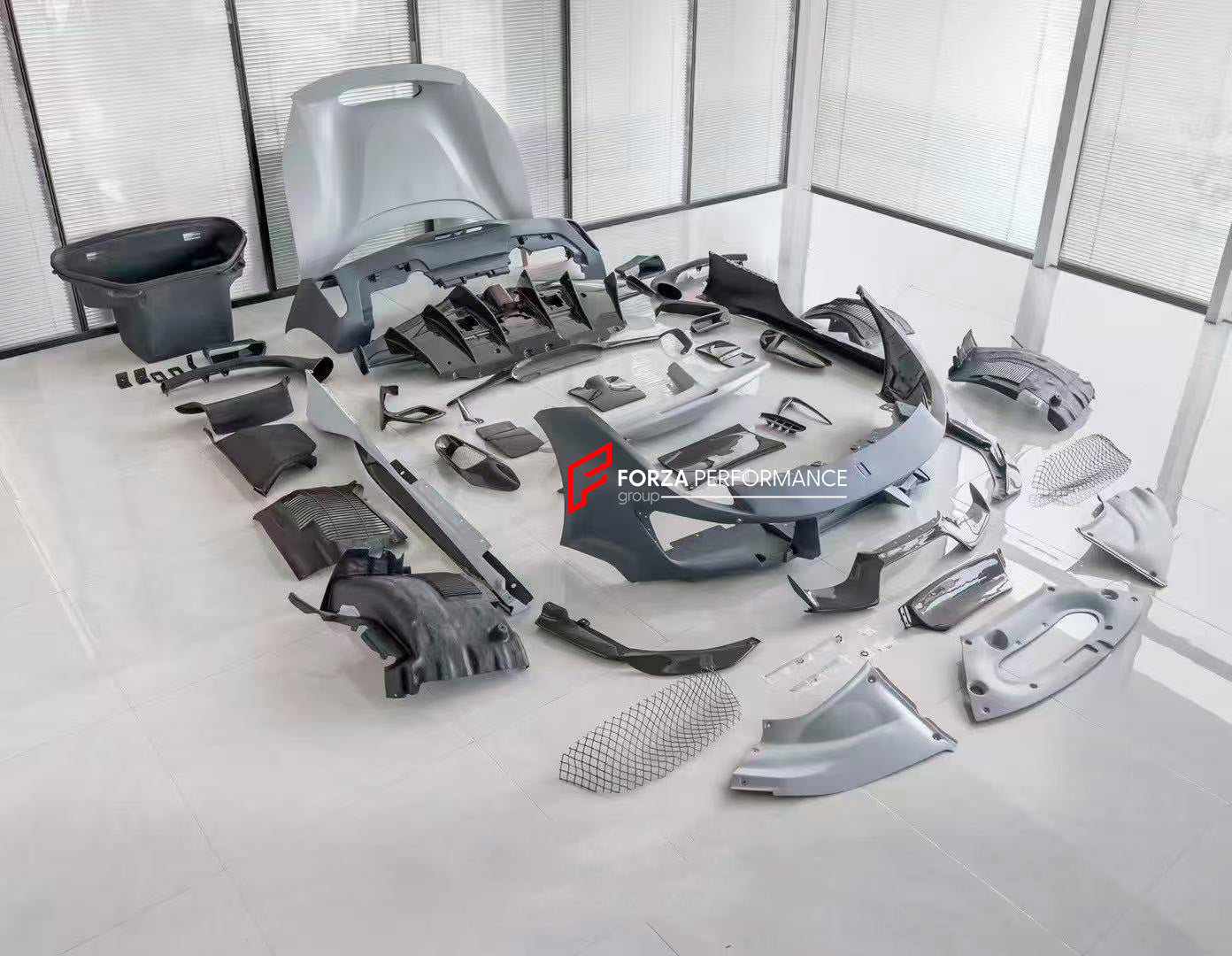 CONVERSION BODY KIT for FERRARI 488 2015+ upgrade to PISTA

Set includes:

Front Bumper
Carbon Front Lip
Carbon Hood/Bonnet
Carbon Side Skirts add-ons
Rear Bumper
Carbon Rear Diffuser
Rear Decklid Spoiler

Material: Plastic, Autoclaved Fiberglass, Dry Carbon Fiber

Note: Professional installation is required