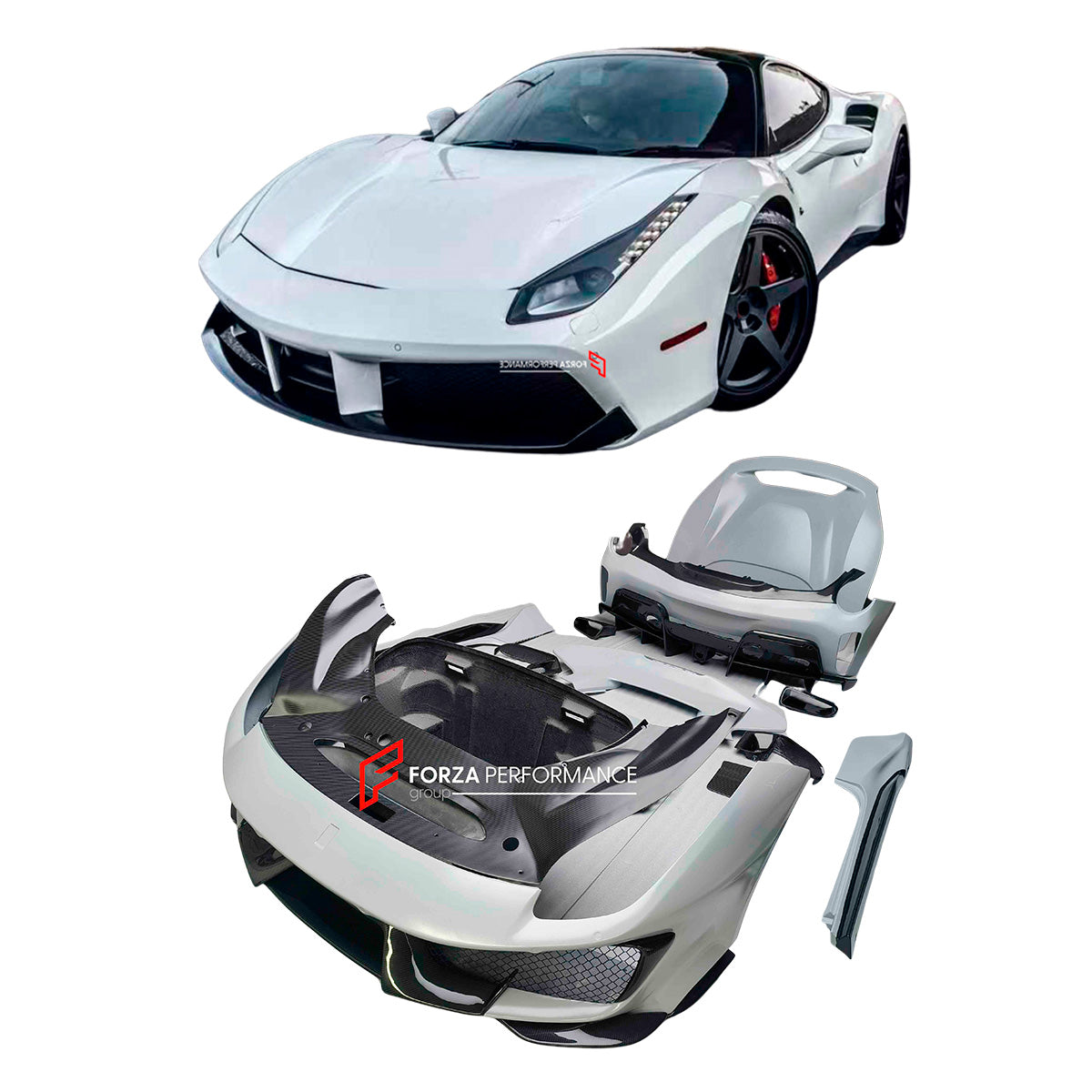 CONVERSION BODY KIT FOR FERRARI 488 2015 - 2020 upgrade to PISTA

Set includes:

Front Lip
Front Bumper
Hood / Bonnet
Side Skirts

Rear Decklid Spoiler
Rear Bumper
Rear Diffuser

Material: Carbon Fiber

Note: Professional installation is required