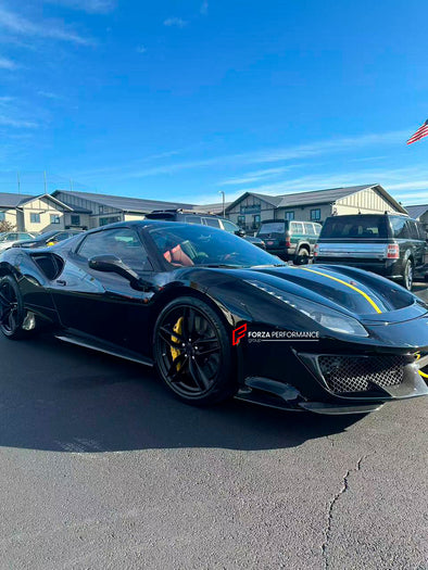 Conversion body kit Ferrari 488 Pista for Ferrari 488 2015+

Set include:

Front bumper
Carbon front lip 
Carbon hood/bonnet
Carbon side skirts add-ons
Rear bumper
Carbon rear diffuser
Rear decklid spoiler
Material: Autoclaved fiberglass and dry carbon fiber

Note: Professional installation is required

Production time: 14 Days