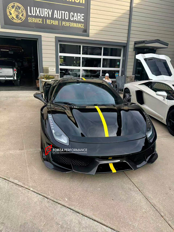 Conversion body kit Ferrari 488 Pista for Ferrari 488 2015+

Set include:

Front bumper
Carbon front lip 
Carbon hood/bonnet
Carbon side skirts add-ons
Rear bumper
Carbon rear diffuser
Rear decklid spoiler
Material: Autoclaved fiberglass and dry carbon fiber

Note: Professional installation is required

Production time: 14 Days