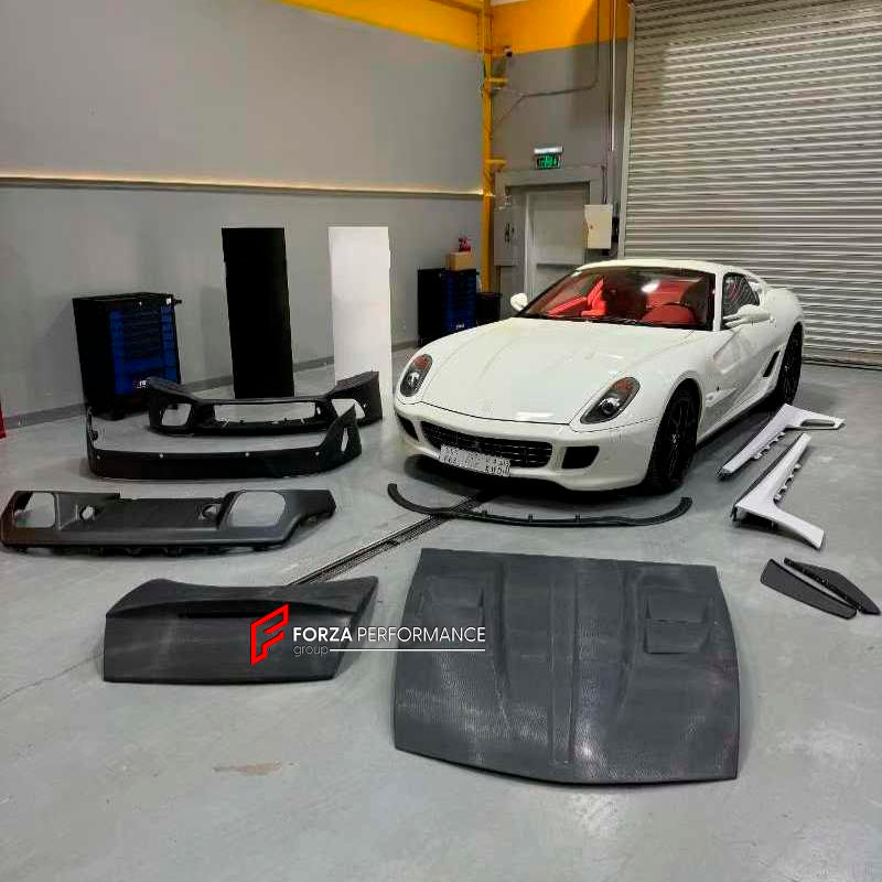 CONVERSION UPGRADE FACELIFT OLD TO NEW BODY KIT for FERRARI 599 GTB 2006 - 2012 to 599 GTO
Set includes:

Front Lip
Front Bumper
Hood Bonnet
Side Skirts
Trunk Lid
Rear Bumper
Rear Diffuser
Material: Dry Carbon + Plastic

NOTE: Professional installation is required.
