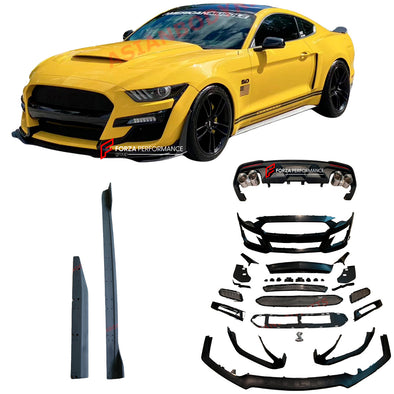 CONVERSION BODY KIT for FORD MUSTANG S550 2015 - 2017 UPGRADE to FORD MUSTANG SHELBY GT500

Set includes:

Front Bumper Assembly
Side Skirts
Rear Diffuser with Exhaust Tips

Material: Plastic (ABS and PP)

Optionally: we can offer GT500 hood and spoiler for extra cost.

NOTE: Professional installation is required
