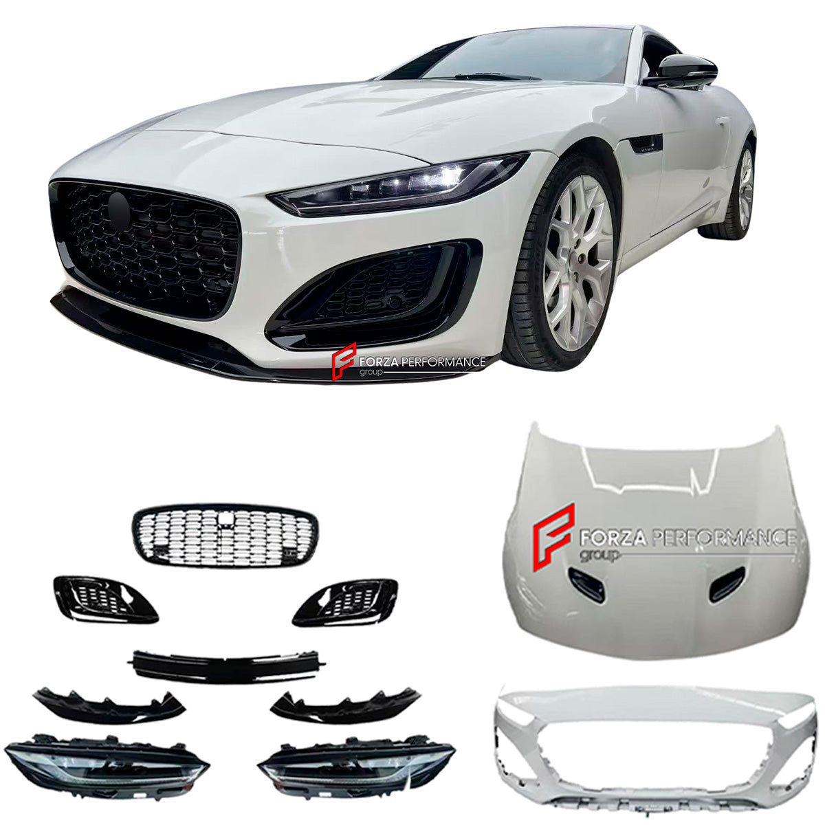 CONVERSION BODY KIT for JAGUAR F TYPE X152 2013 - 2019 UPGRADE to 2ND FACELIFT 2020+

Set includes:

Front Bumper
Front Lip
Front Grille
Front Bumper Air Vents
Headlights
Hood

Material: Plastic

NOTE: Professional installation is required