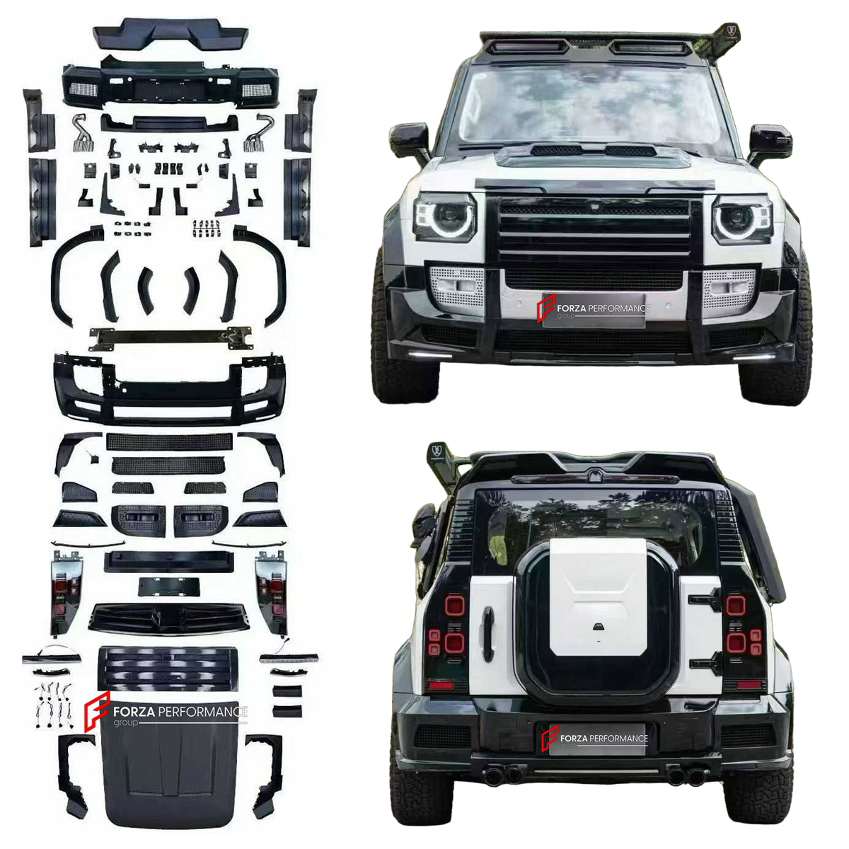 CONVERSION BODY KIT for JETOUR T2 TRAVELLER 2024+ UPGRADE to LAND ROVER DEFENDER L663 2020+

Set includes:
Front Lip
Front Bumper Assembly
Front Grille
Headlights
Hood Bonnet
Fender Flares
Tail Lights
Rear Bumper Assembly
Rear Diffuser
Exhaust Tips

Material: Plastic

NOTE: Professional installation is required.
