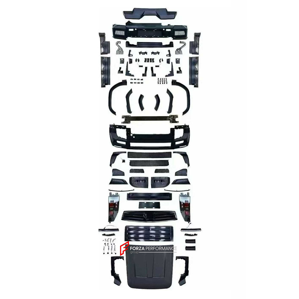 CONVERSION BODY KIT for JETOUR T2 TRAVELLER 2024+ UPGRADE to LAND ROVER DEFENDER L663 2020+

Set includes:
Front Lip
Front Bumper Assembly
Front Grille
Headlights
Hood Bonnet
Fender Flares
Tail Lights
Rear Bumper Assembly
Rear Diffuser
Exhaust Tips

Material: Plastic

NOTE: Professional installation is required.